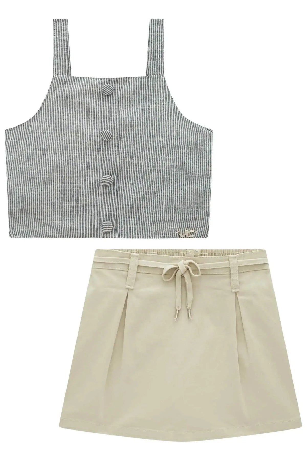 Conjunto de Regata em Tecido Listrado e Short Saia em Sarja com Elastano 98909 Vic Teen Menina