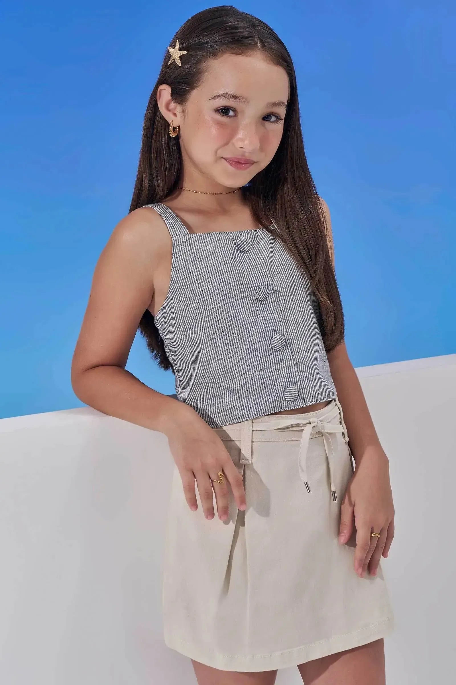 Conjunto de Regata em Tecido Listrado e Short Saia em Sarja com Elastano 98909 Vic Teen Menina