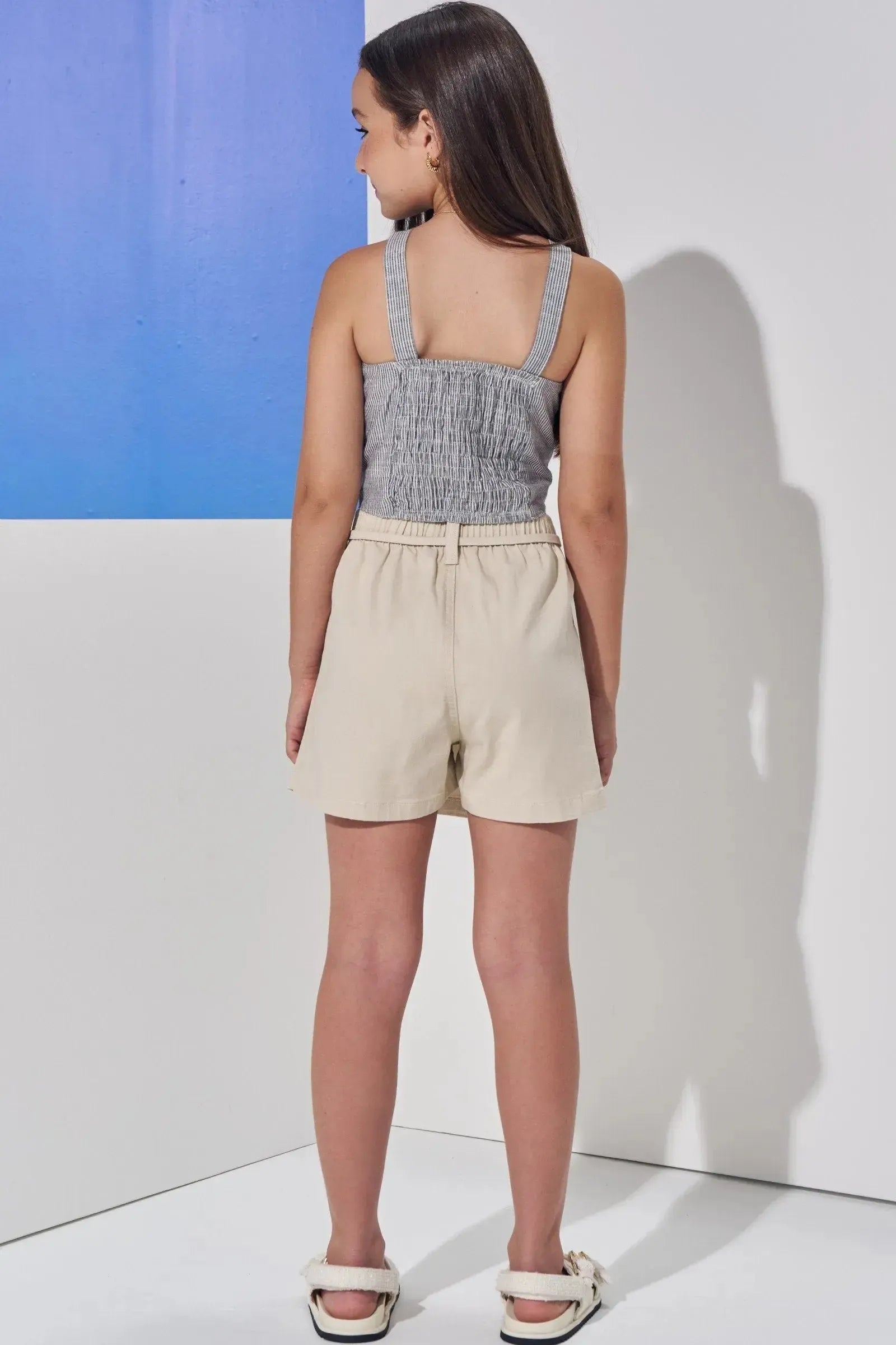 Conjunto de Regata em Tecido Listrado e Short Saia em Sarja com Elastano 98909 Vic Teen Menina