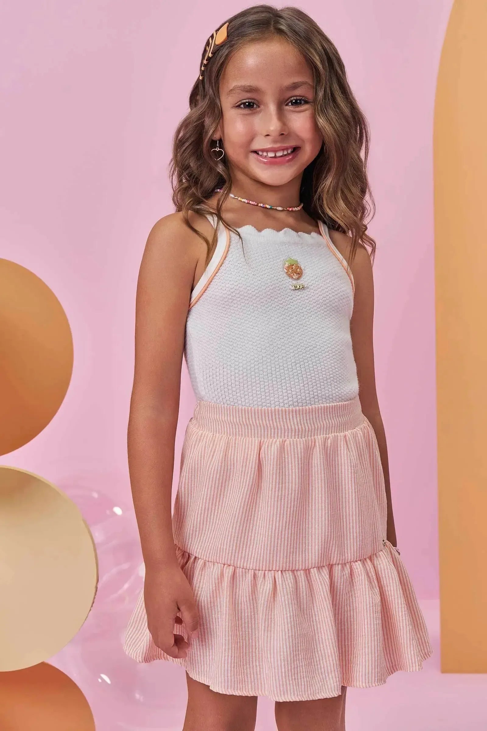 Conjunto de Regata em Tricot Prime e Saia em Tricoline (Com Short Embutido) 98057 Kukiê Infantil Menina