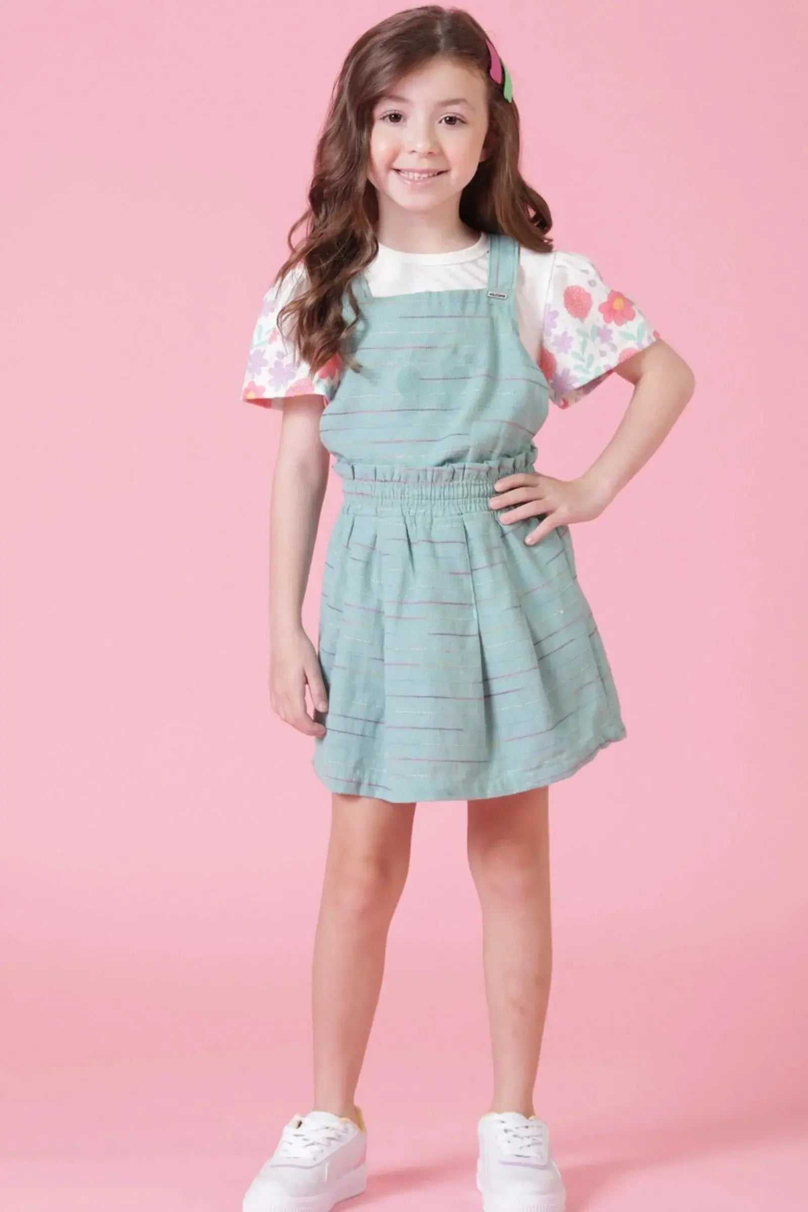 Conjunto de Salopete em Linho Rajado e Blusa em Malha Power Linho 88950 Kukiê Infantil Menina