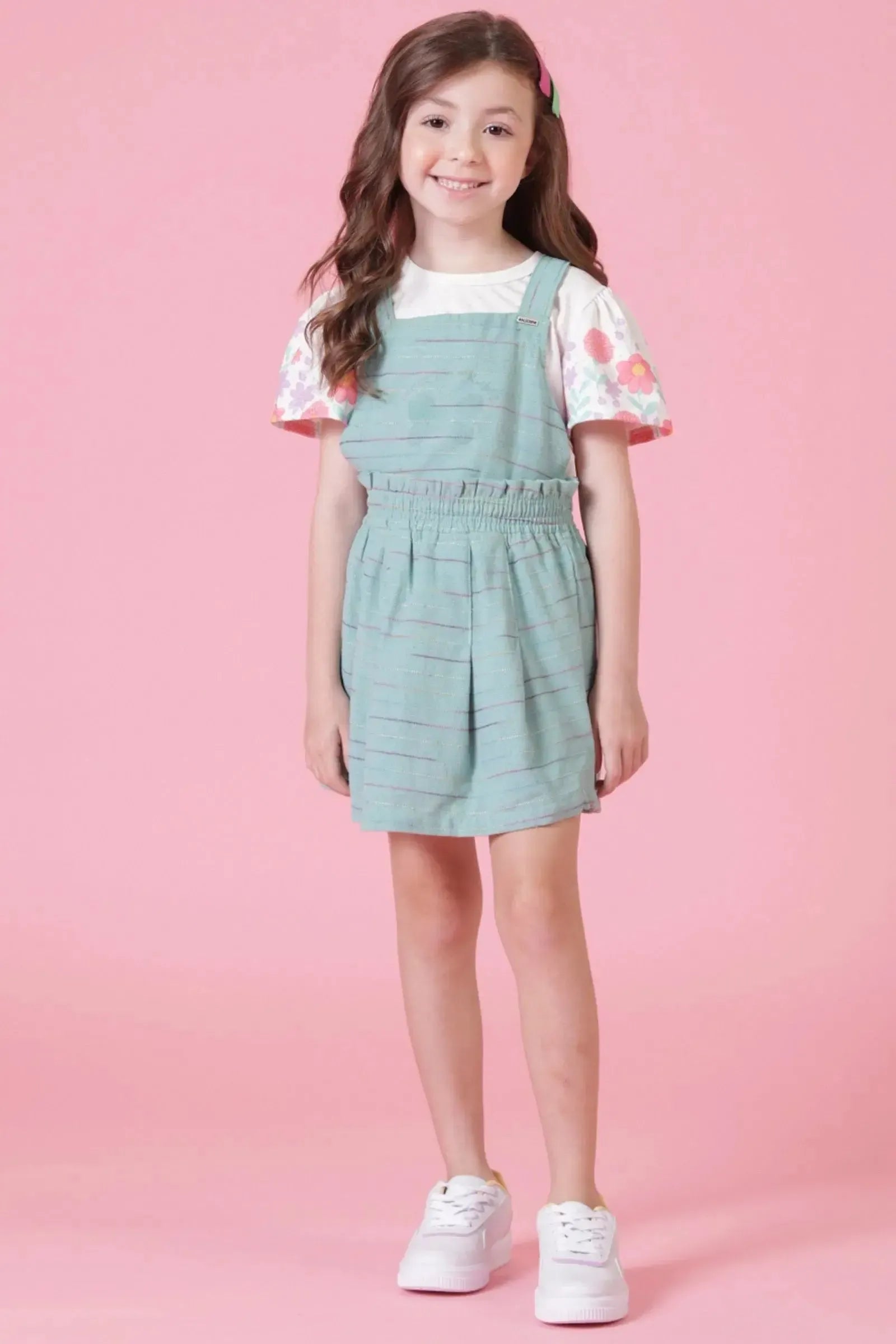 Conjunto de Salopete em Linho Rajado e Blusa em Malha Power Linho 88950 Kukiê Infantil Menina