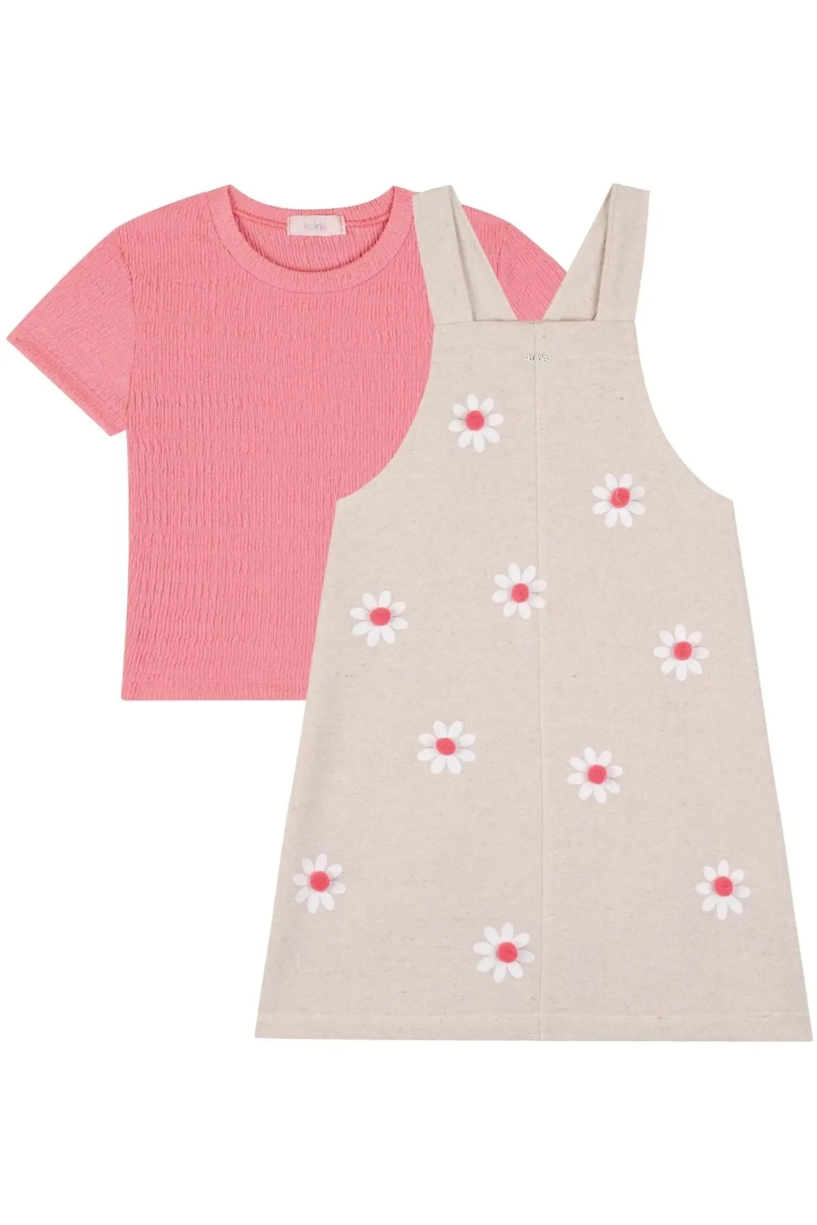 Conjunto de Salopete em Moletom Linho e Blusa Boxy em Malha Enrugada 84101 Kukiê Infantil Menina