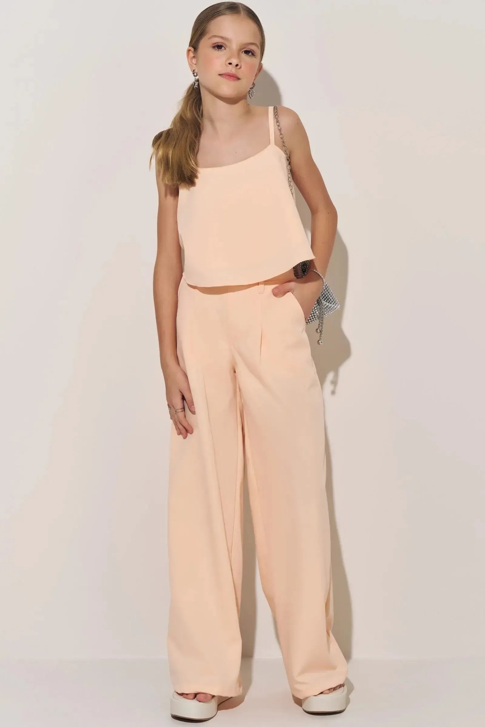 Conjunto de Top Cropped e Calça em Tecido Plano de Viscose 84670 Lilimoon Teen Menina