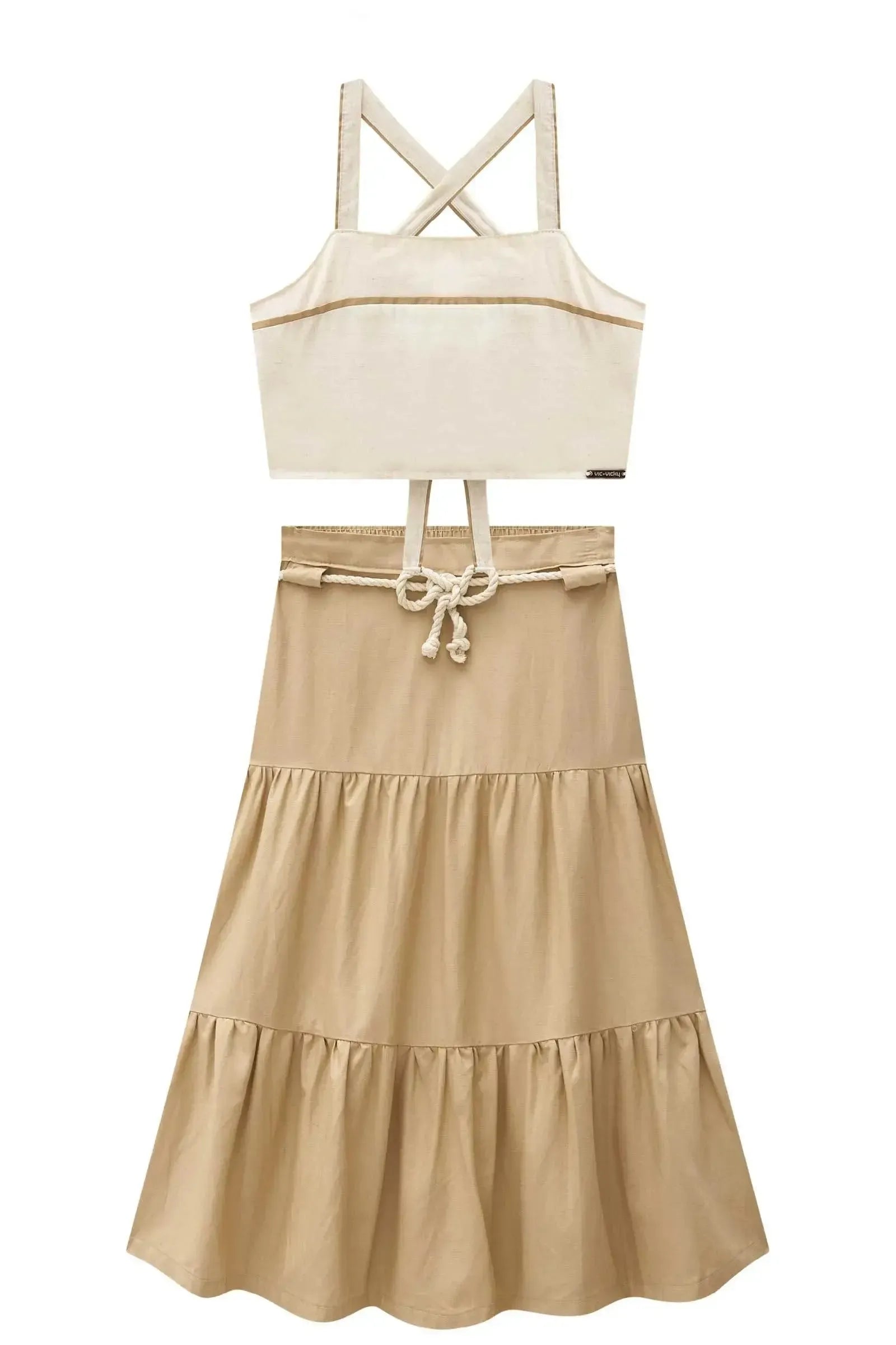 Conjunto de Top Cropped e Saia New Midi em Linho Santorine 84932 Vic&Vicky Teen Menina