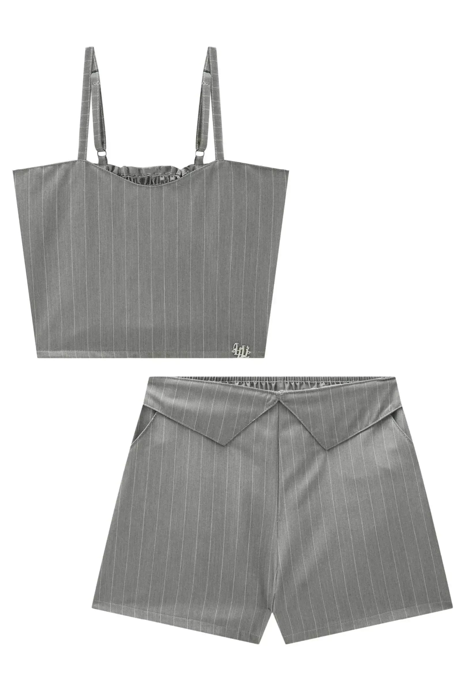 Conjunto de Top Cropped e Shorts em Tecido Risca de Giz 83883 Lilimoon Teen Menina