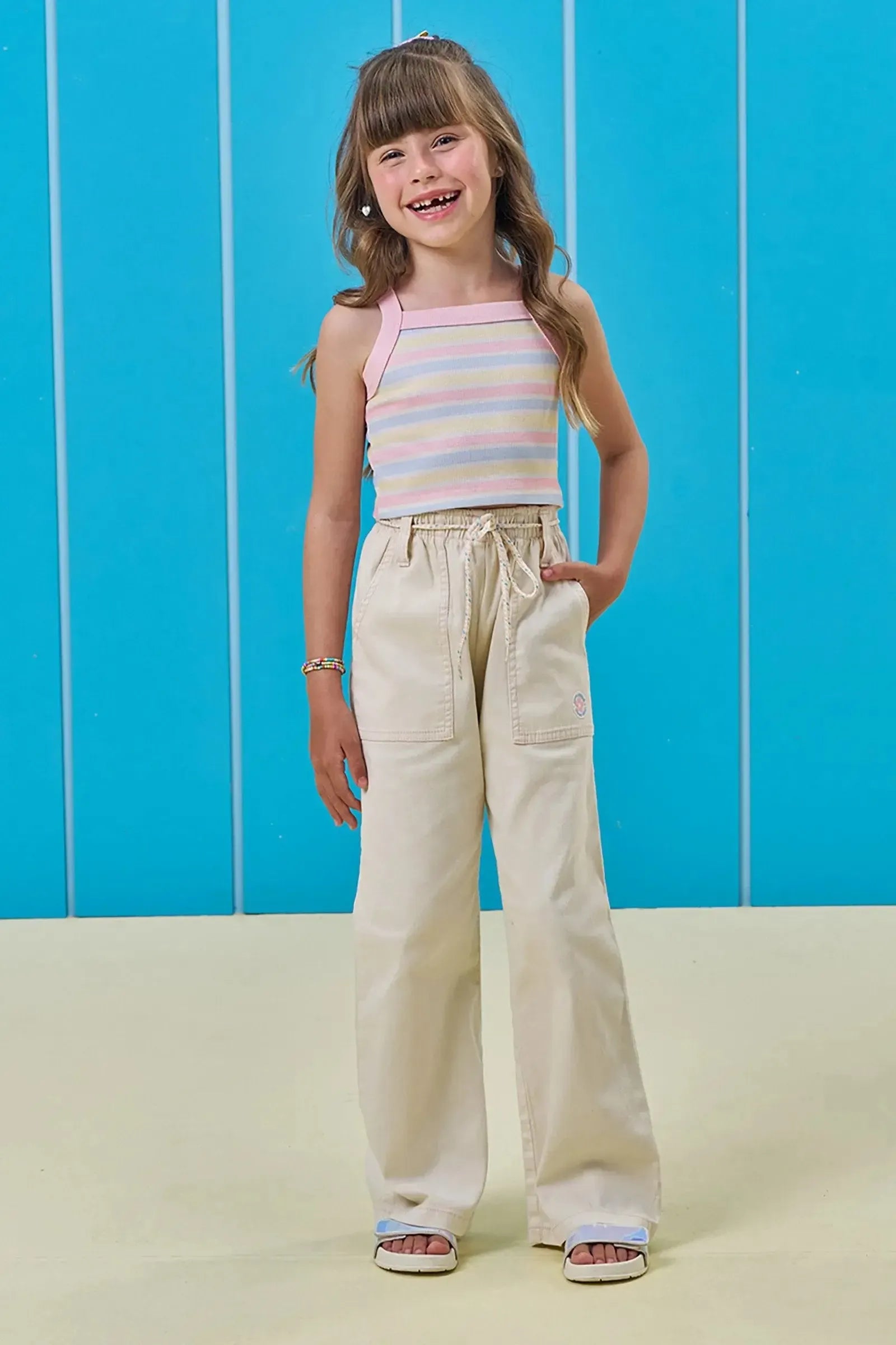 Conjunto de Top Cropped em Canelado e Calça em Sarja com Elastano 97129 Kukiê Infantil Menina