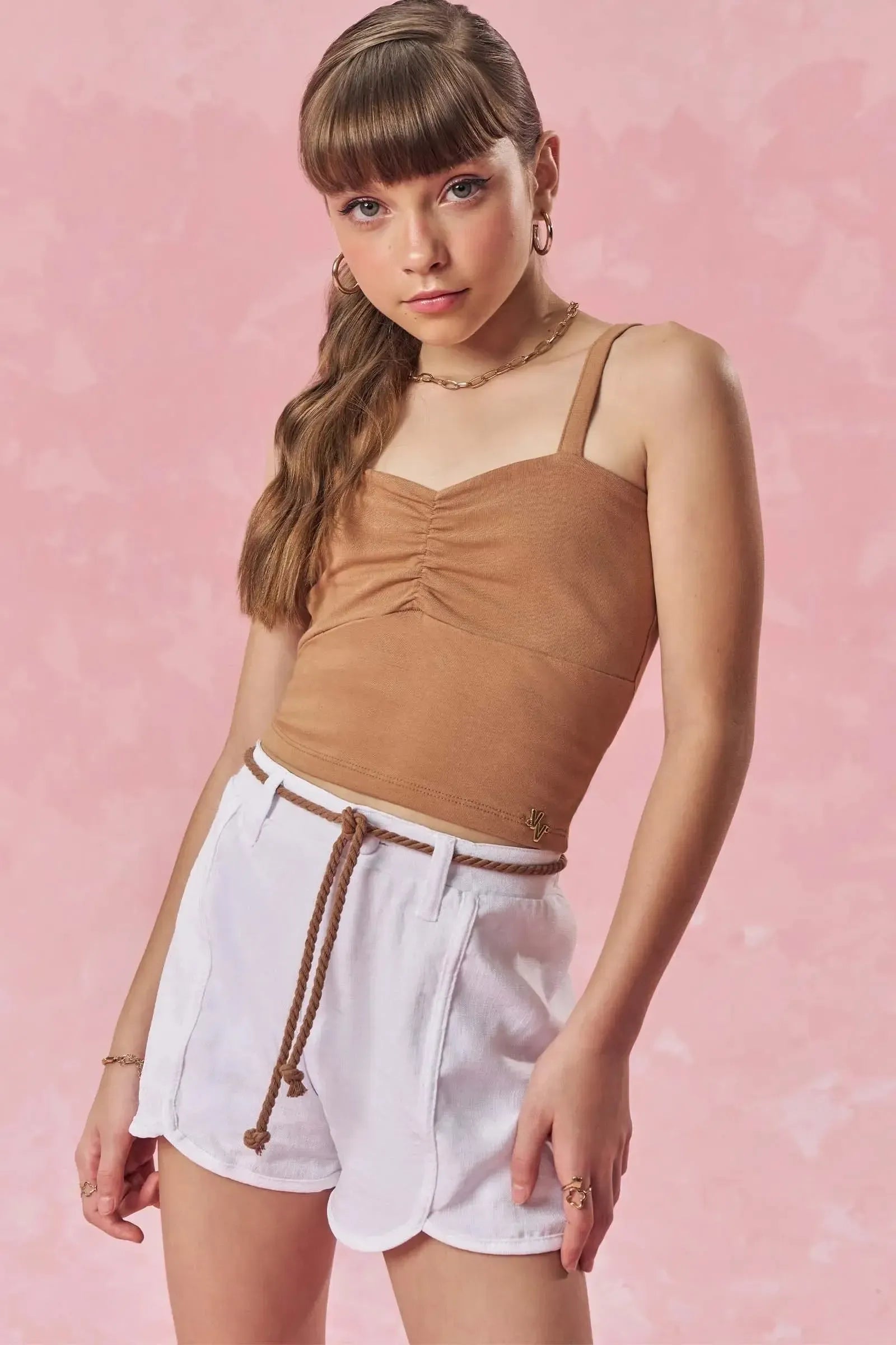 Conjunto de Top Cropped em Cotton e Shorts em New Linen 85199 Vic&Vicky Teen Menina