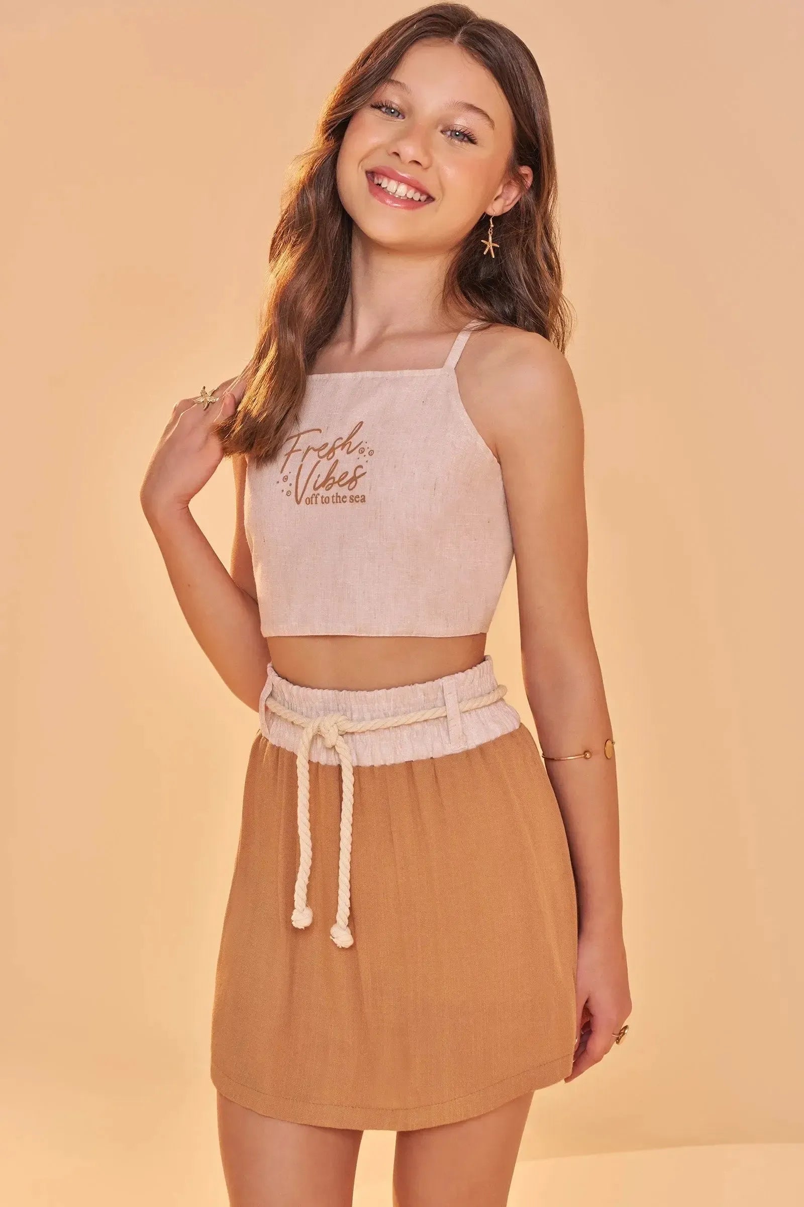 Conjunto de Top Cropped em Tecido Bahamas e Saia em Viscose Rustic com Shorts Embutido 85394 Lilimoon Teen Menina