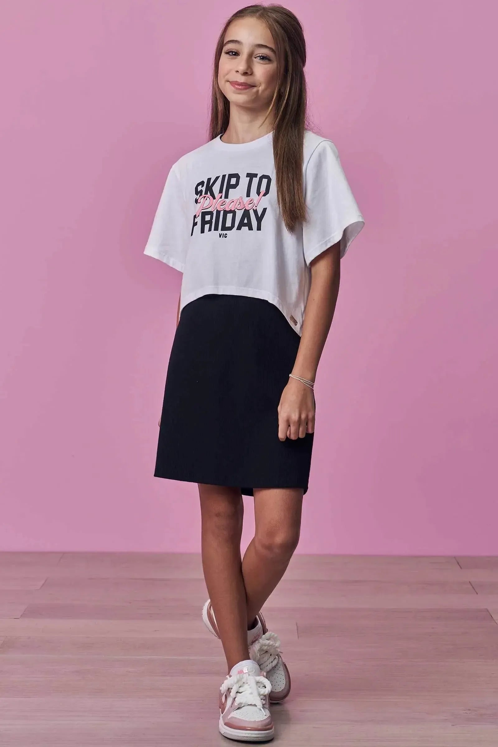 Conjunto de Vestido em Canelado Liz e Blusa Sobreposição em Meia Malha 98871 Vic Teen Menina