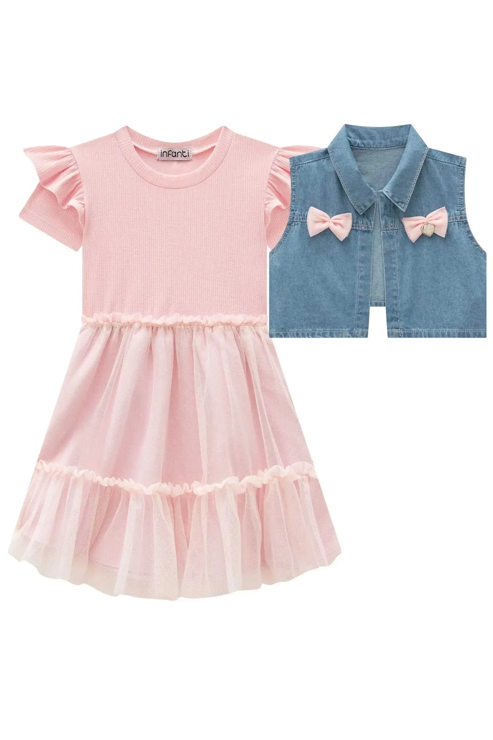 Conjunto de Vestido em Canelado Liz e Tule com Elastano e Colete em Jeans 97252 Infanti Infantil Menina