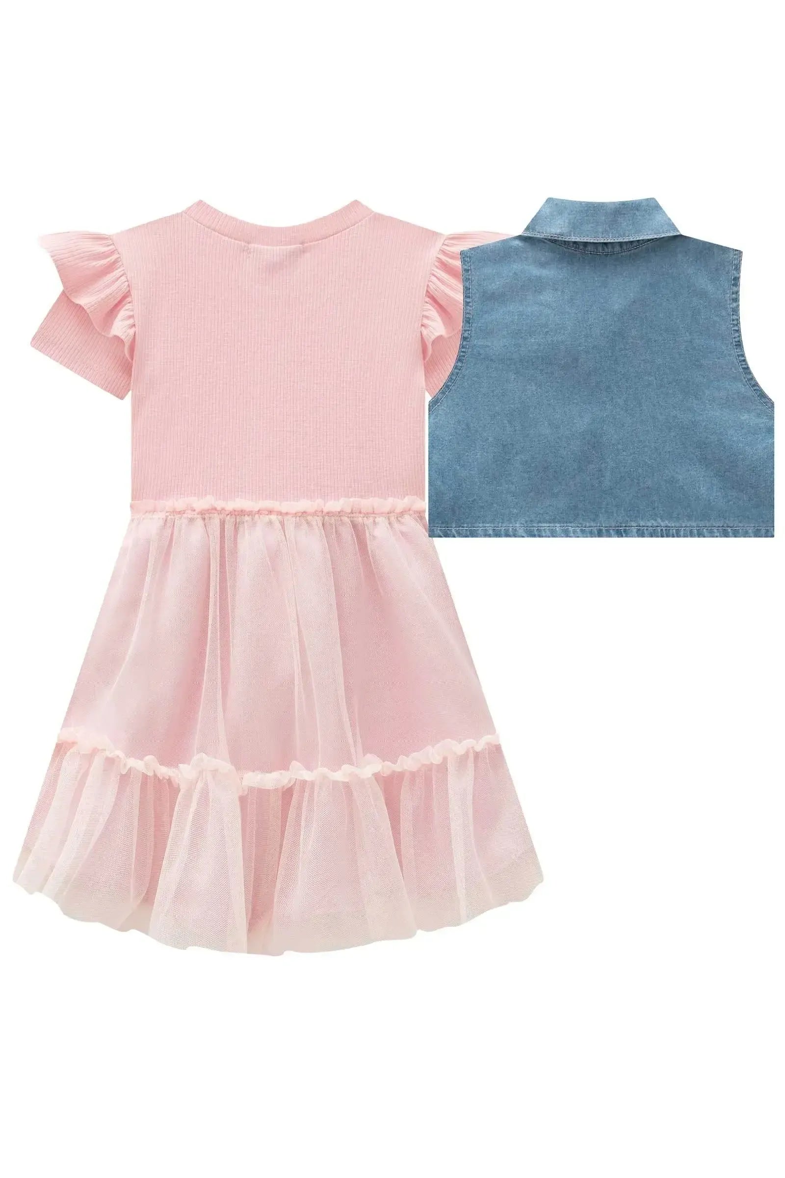 Conjunto de Vestido em Canelado Liz e Tule com Elastano e Colete em Jeans 97252 Infanti Infantil Menina