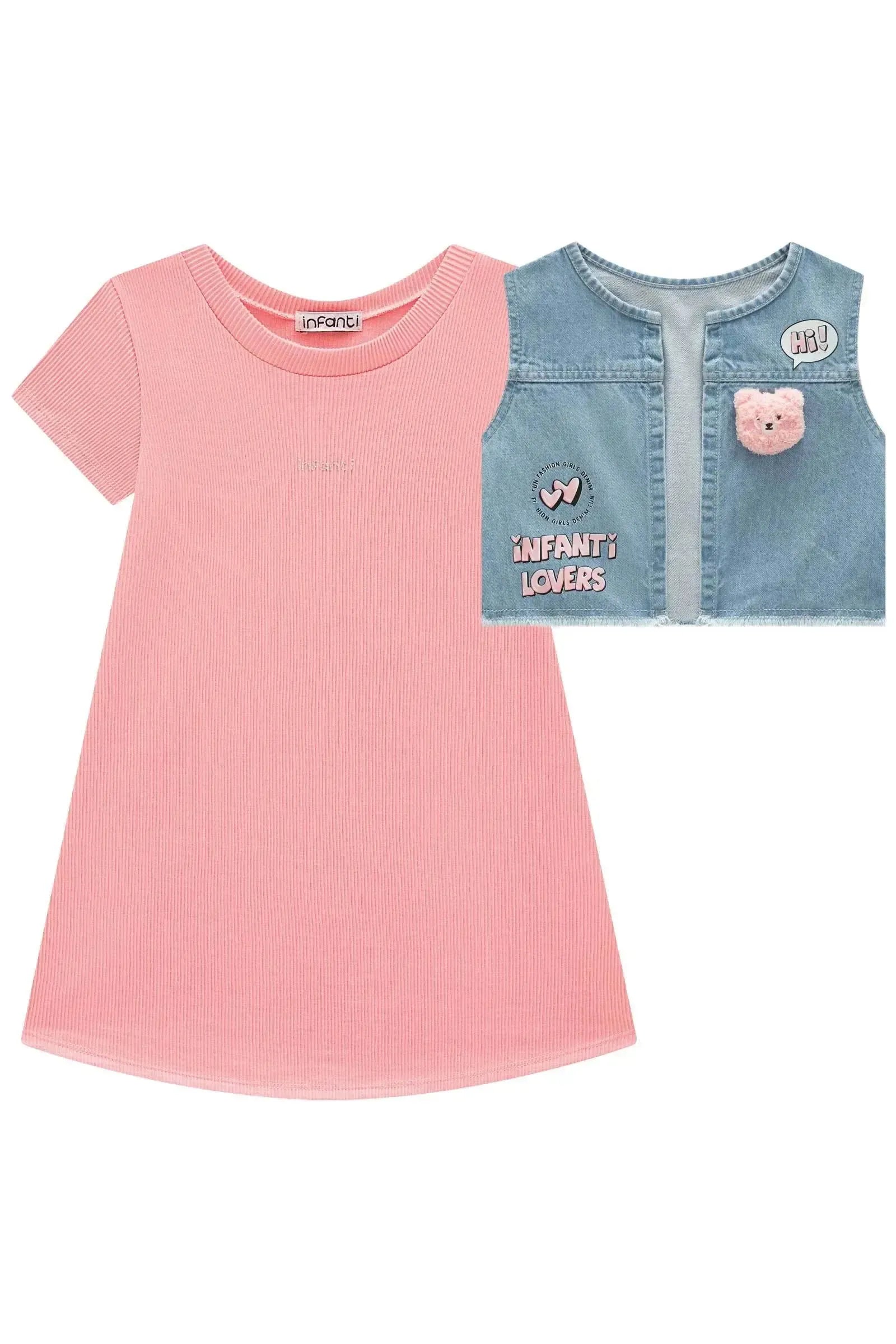 Conjunto de Vestido em Malha Soft e Colete em Jeans Askansas 93573 Infanti Infantil Menina
