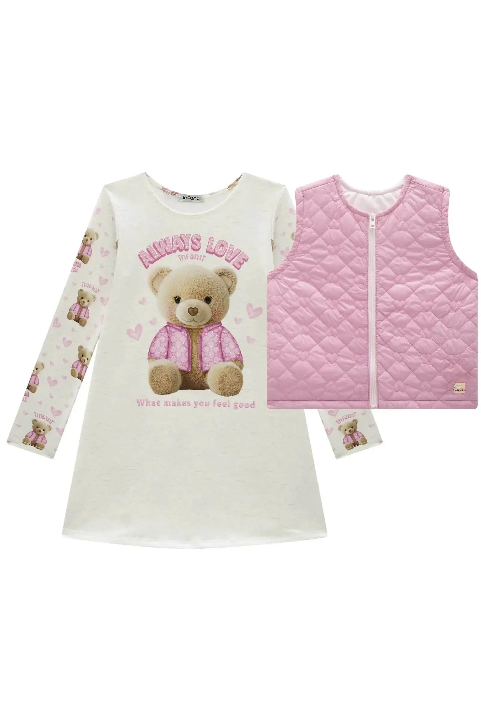 Conjunto de Vestido em Termoskin Peluciado e Colete em Matelassê de Coração 92603 Infanti Infantil Menina