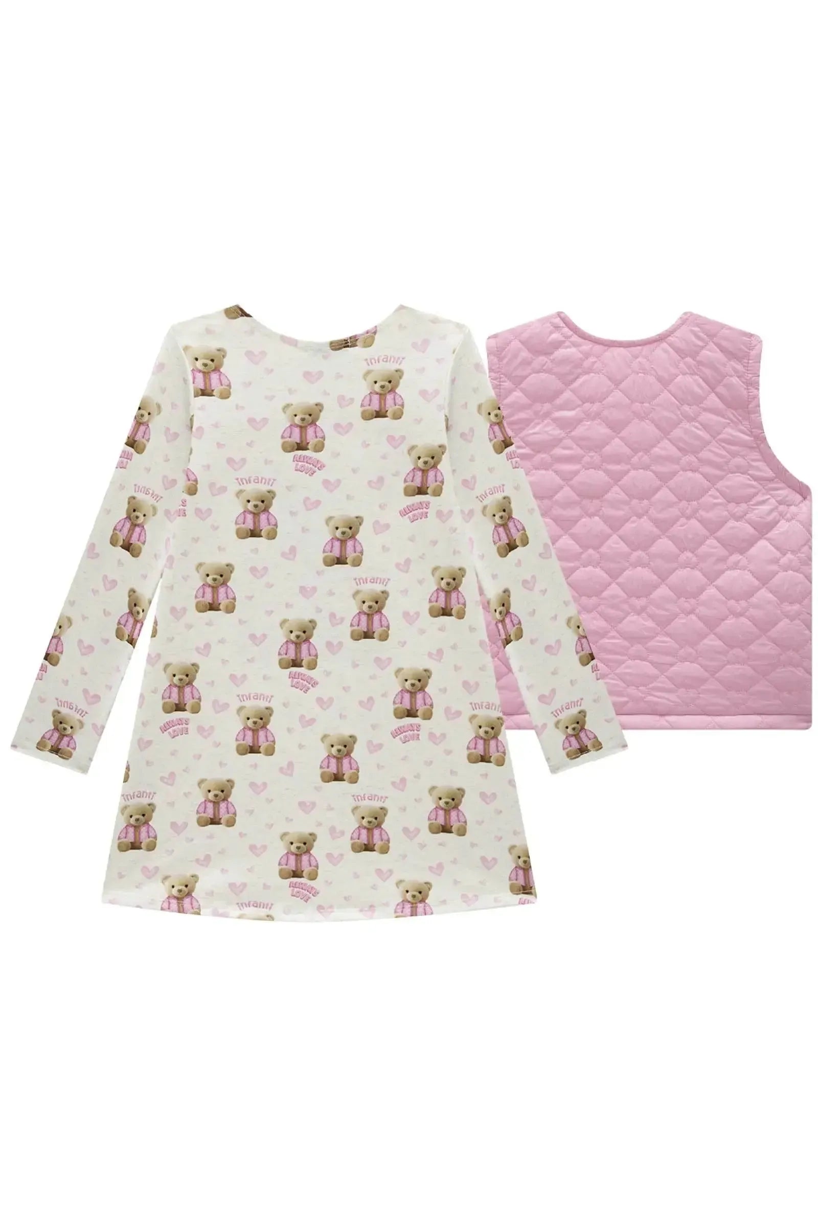 Conjunto de Vestido em Termoskin Peluciado e Colete em Matelassê de Coração 92603 Infanti Infantil Menina