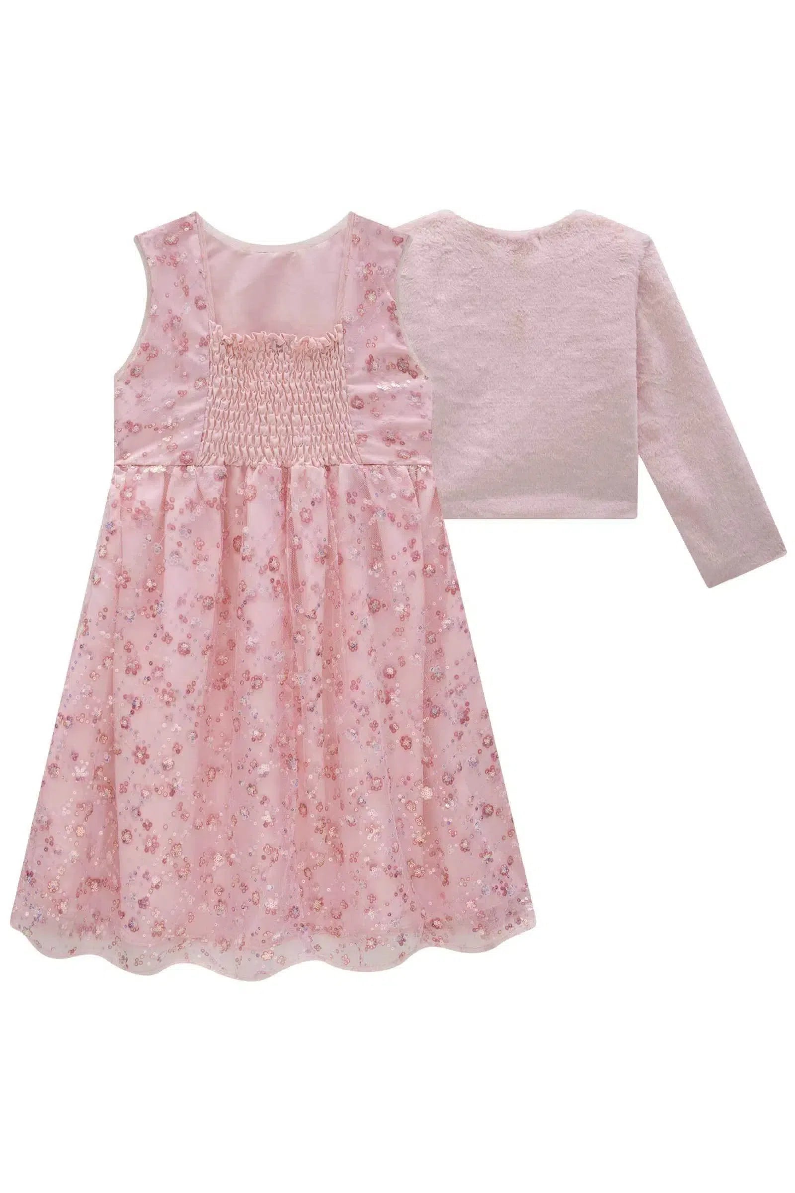 Conjunto de Vestido em Tule Bordado Paetê e Bolero em Pelo Liso 79322 Infanti Infantil Menina