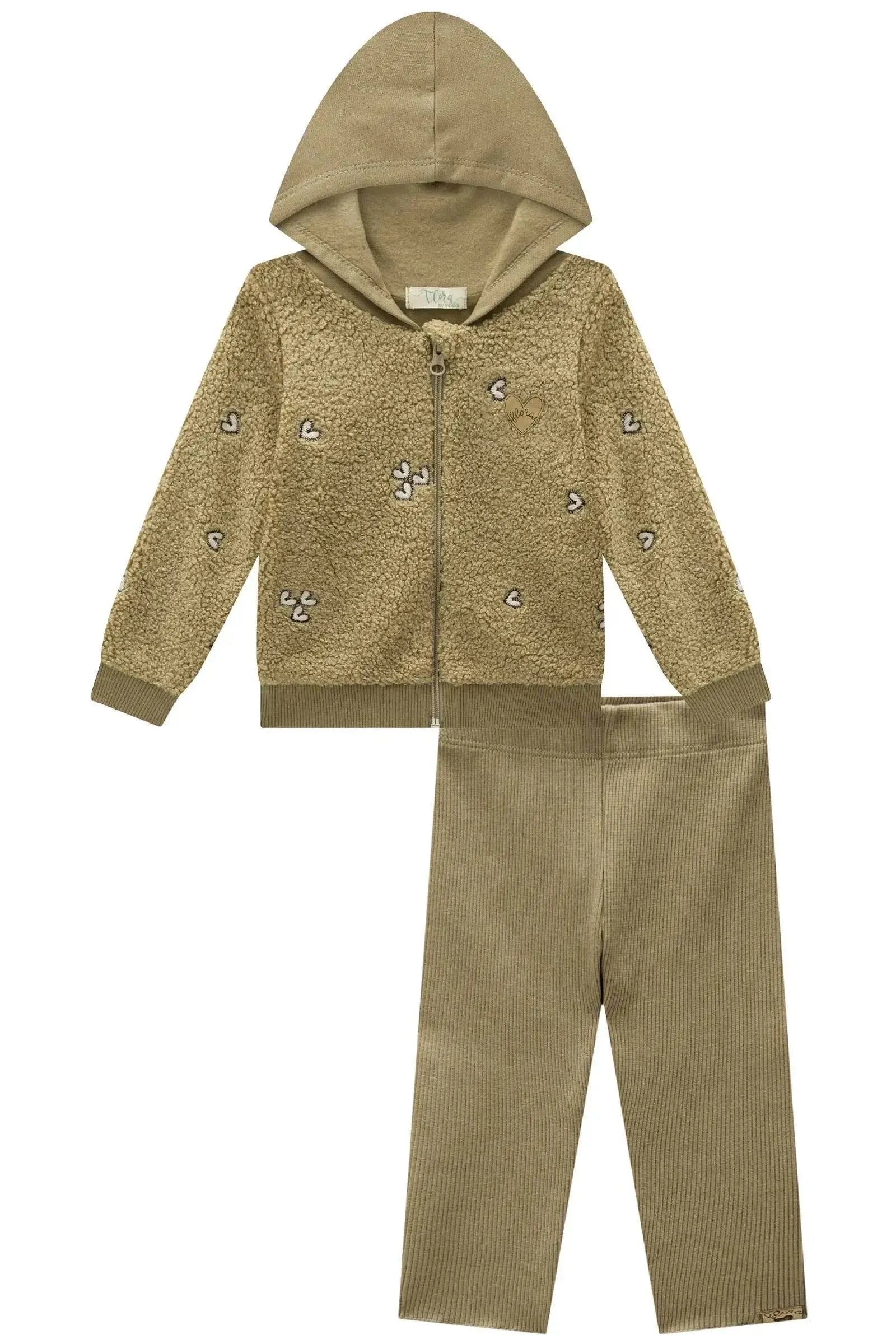 Conjunto Jaqueta em Pelo Carneirinho Bordado e Calça Legging em Ribana Canelada 91332 Infanti Bebê Menina