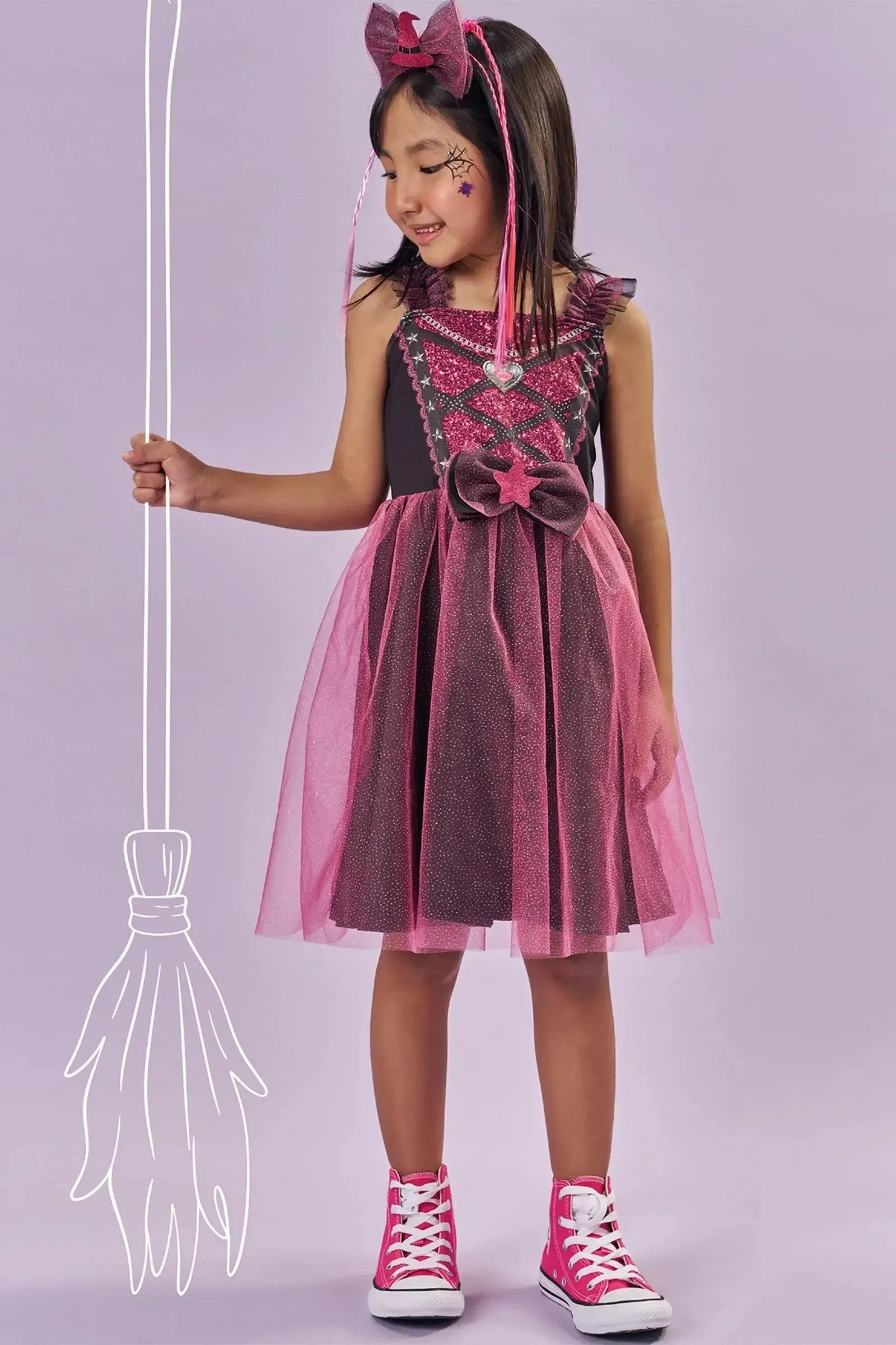 Fantasia de Bruxinha (Vestido em Malha UV e Tule Brilho - Acompanha Arco) 85888 Kukiê Infantil Menina