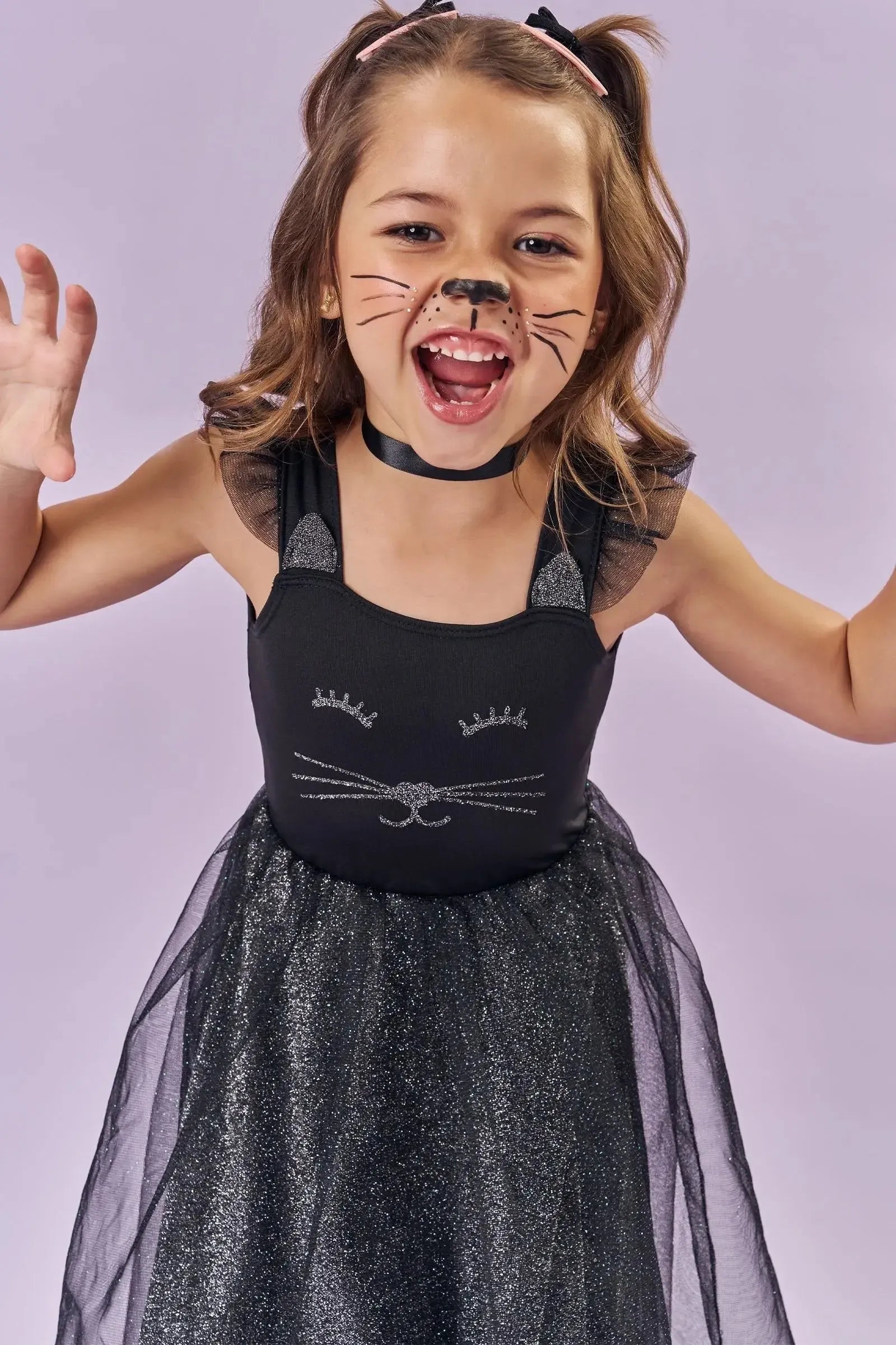 Fantasia de Gatinha (Vestido em Fly Tech Tule e Malha Brilho) 85882 Kukiê Infantil Menina