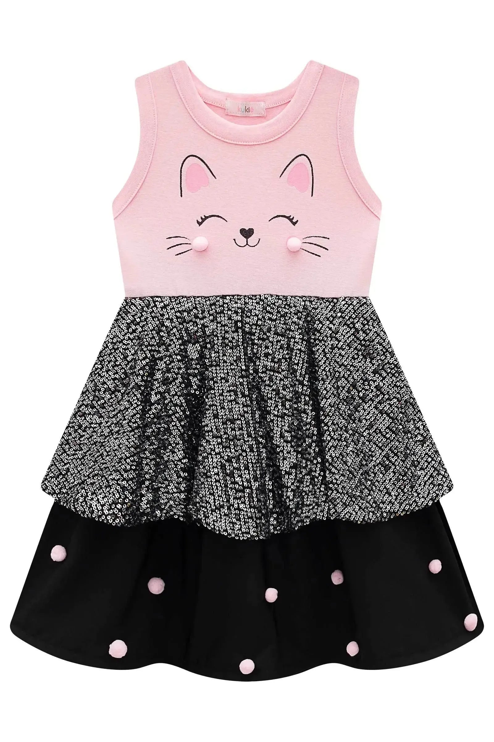 Fantasia de Gatinha (Vestido em Ribana e Paetê. Acompanha Arco e Rabo Removível) 99727 Kukiê Infantil Menina