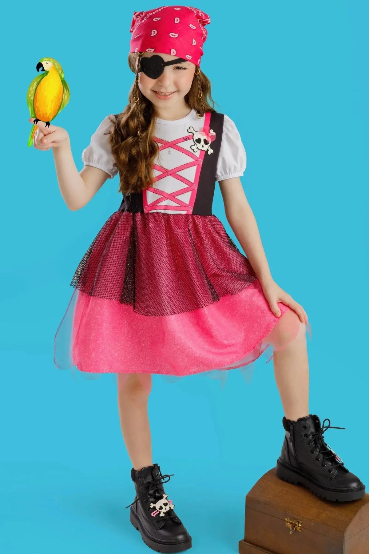 Fantasia de Piratinha (Vestido em Malha Power Tule e Paetê. Acompanha Tapa Olho) 97622 Kukiê Infantil Menina