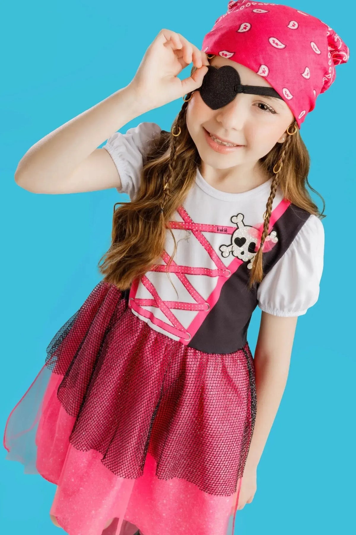 Fantasia de Piratinha (Vestido em Malha Power Tule e Paetê. Acompanha Tapa Olho) 97622 Kukiê Infantil Menina