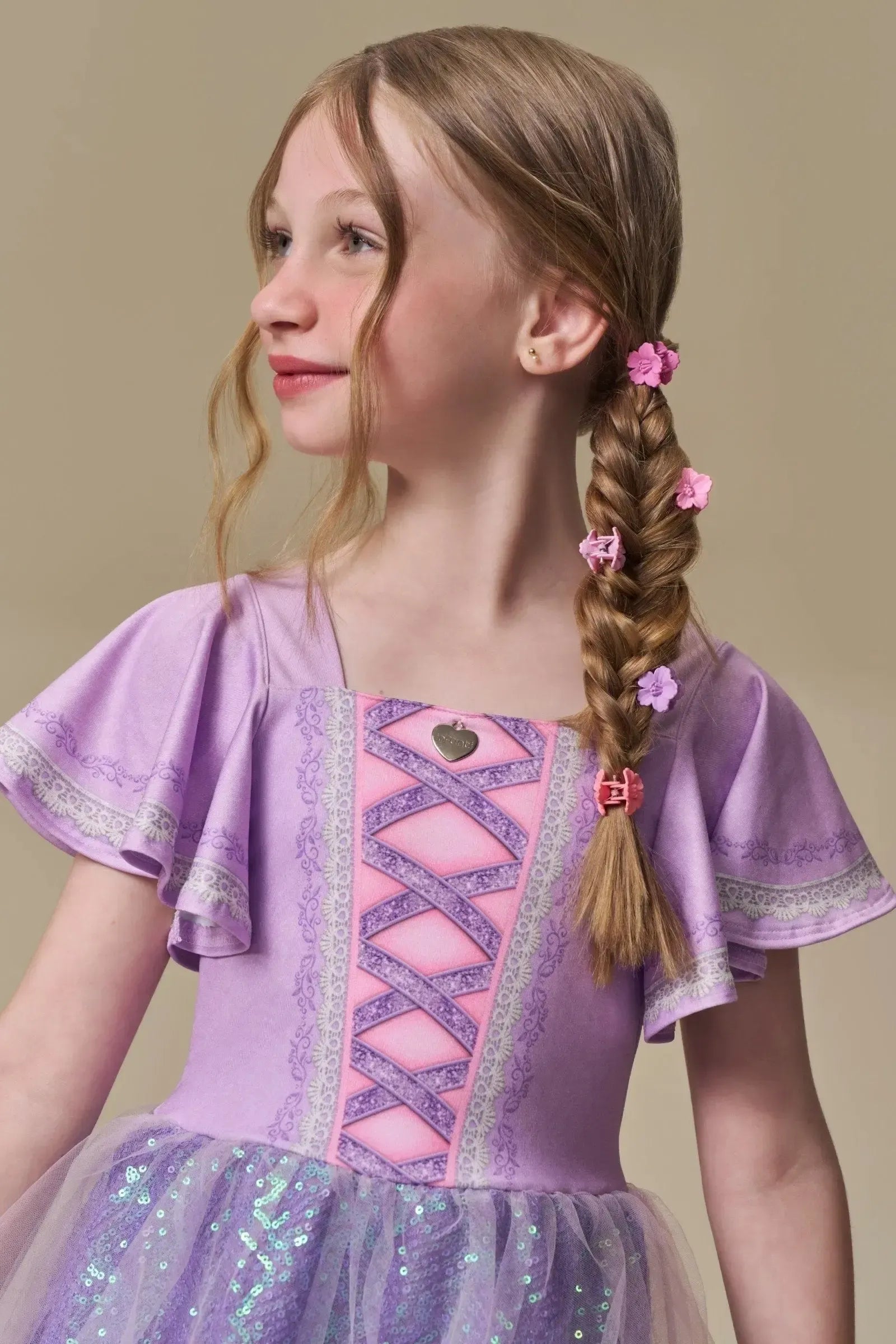 Fantasia de Princesa Da Torre em Malha UV Paetê e Tule. 97668 Infanti Infantil Menina