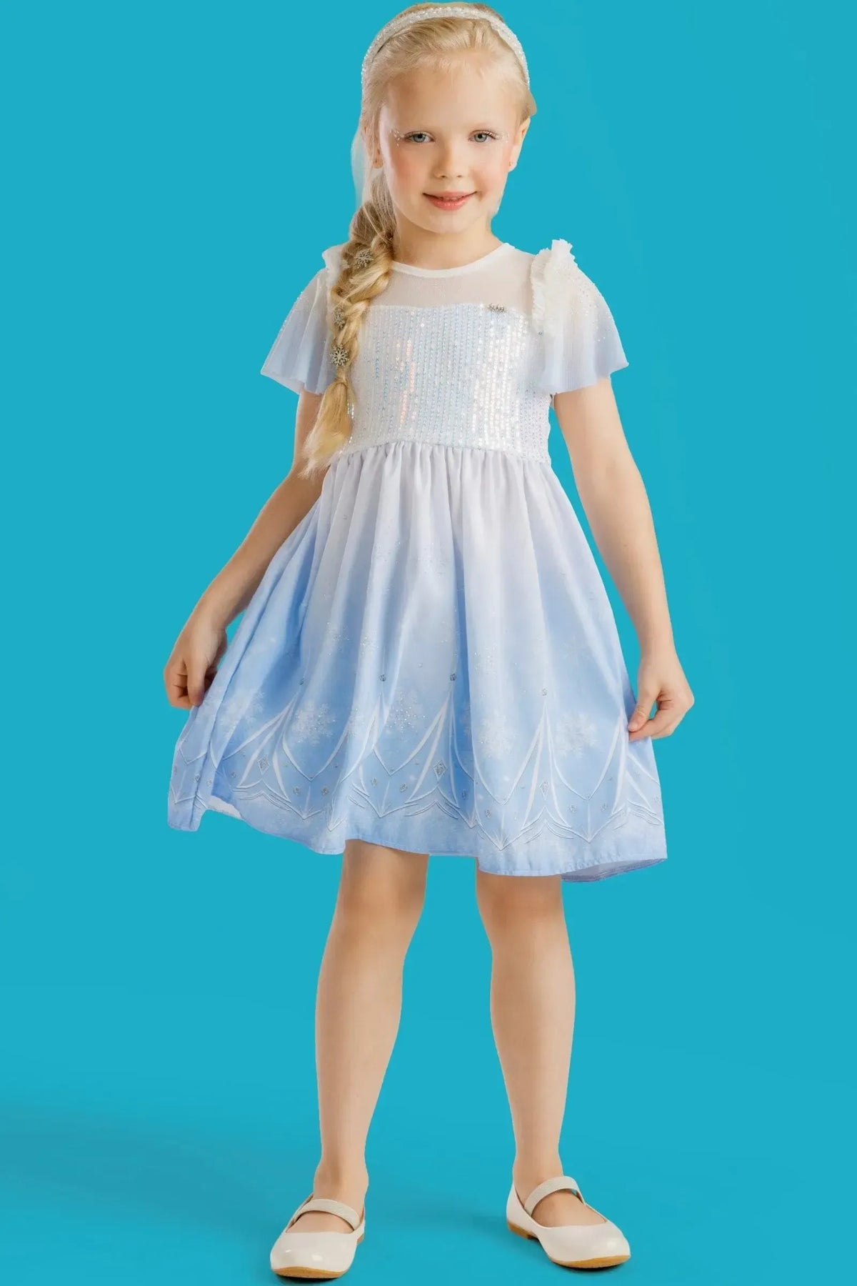 Fantasia de Princesa Do Gelo (Vestido em Malha UV Malha Paetê e Tule Brilho) 97603 Kukiê Infantil Menina