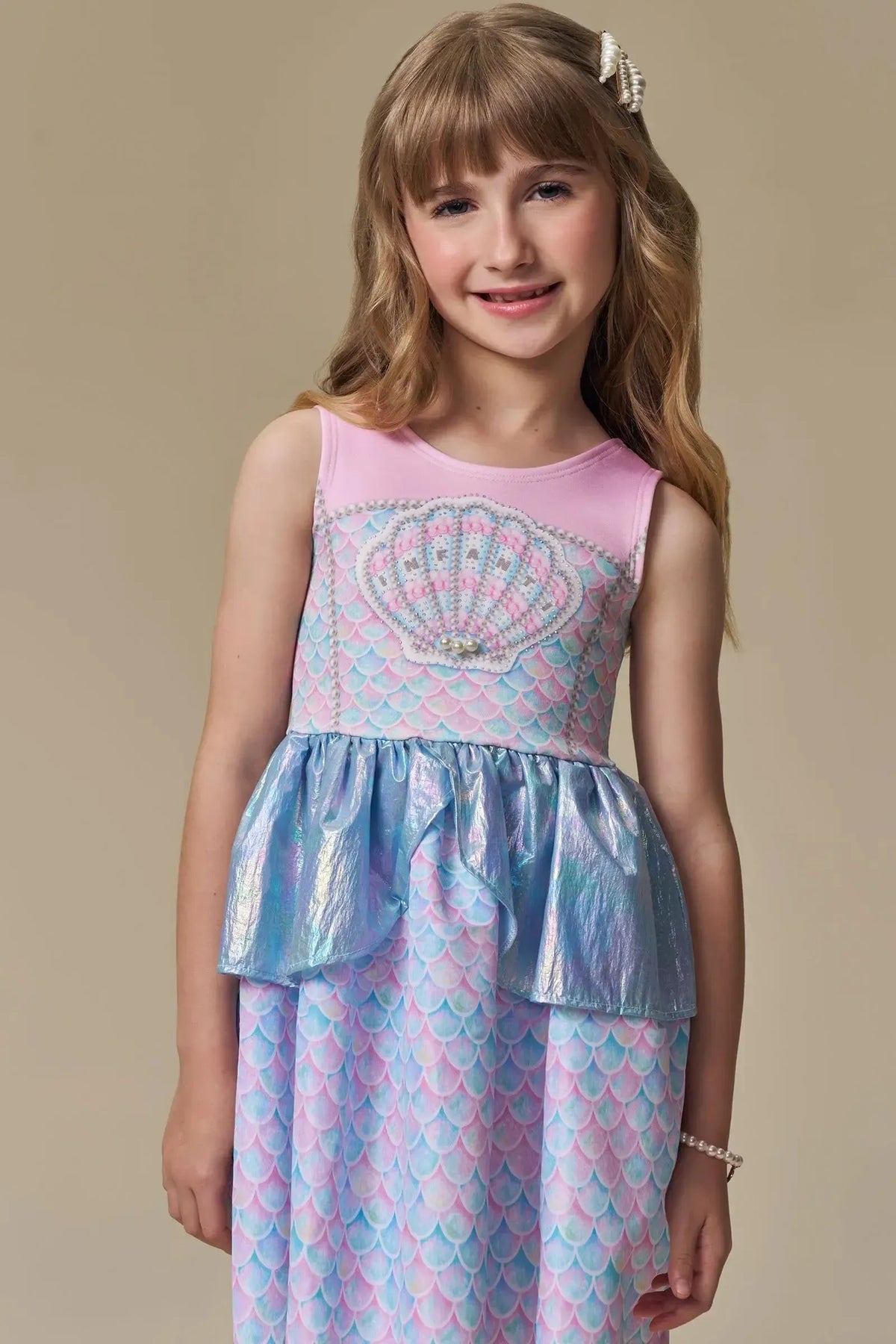 Fantasia de Sereia em Fly Tech e Nylon Holográfico 97401 Infanti Infantil Menina
