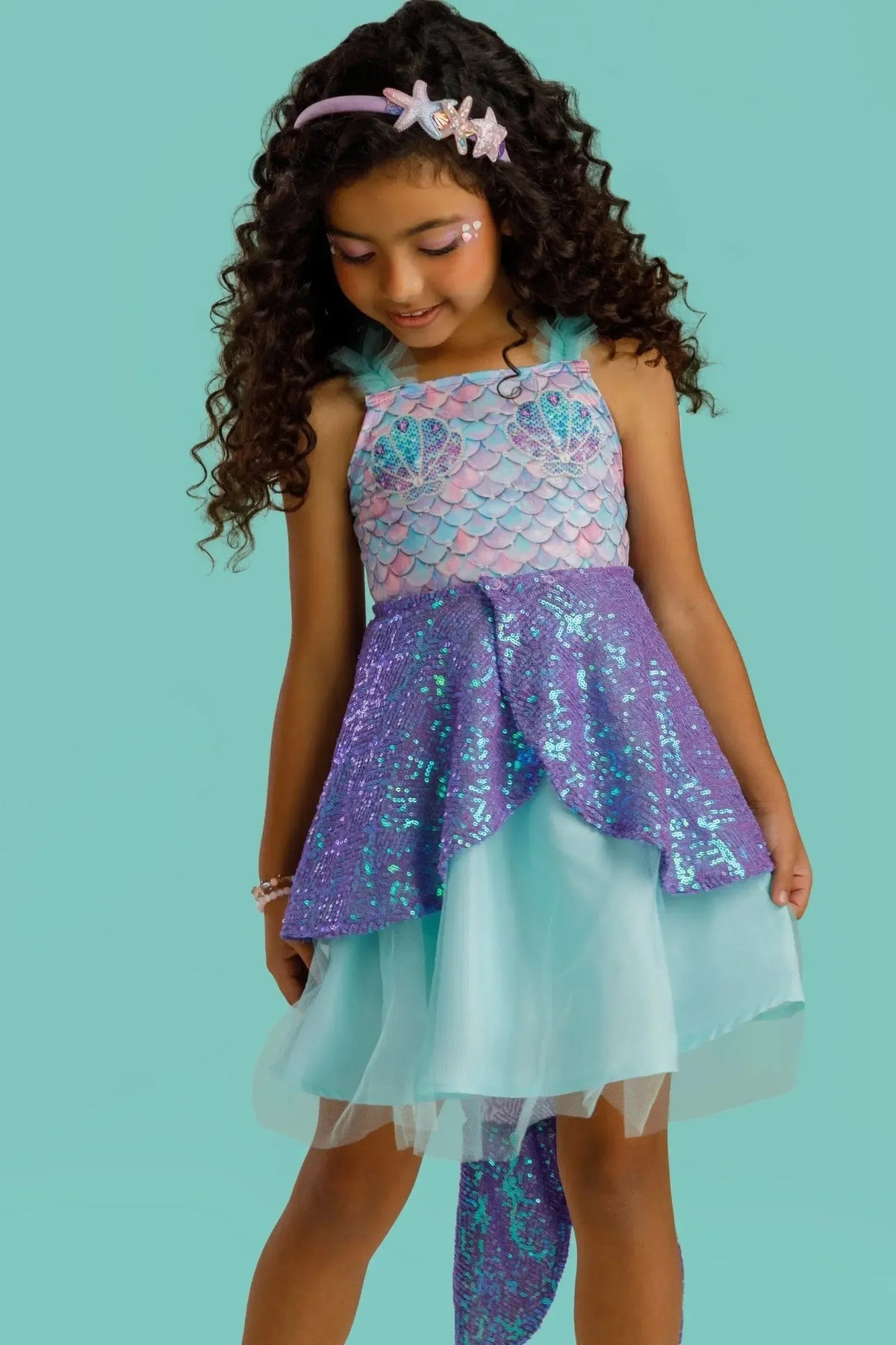 Fantasia de Sereia (Vestido em Malha UV Tule e Paetê Cristal Acompanha Cauda Removível) 97607 Kukiê Infantil Menina