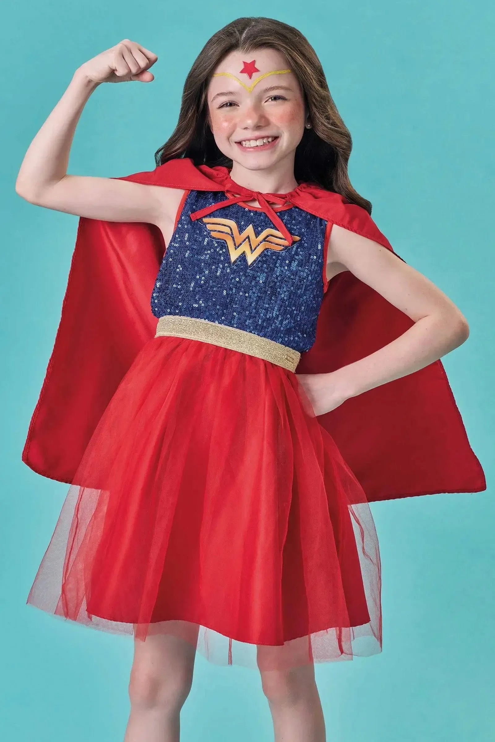 Fantasia de Super-heroína em Paetê e Tule. Acompanha Capa 85839 Infanti Infantil Menina