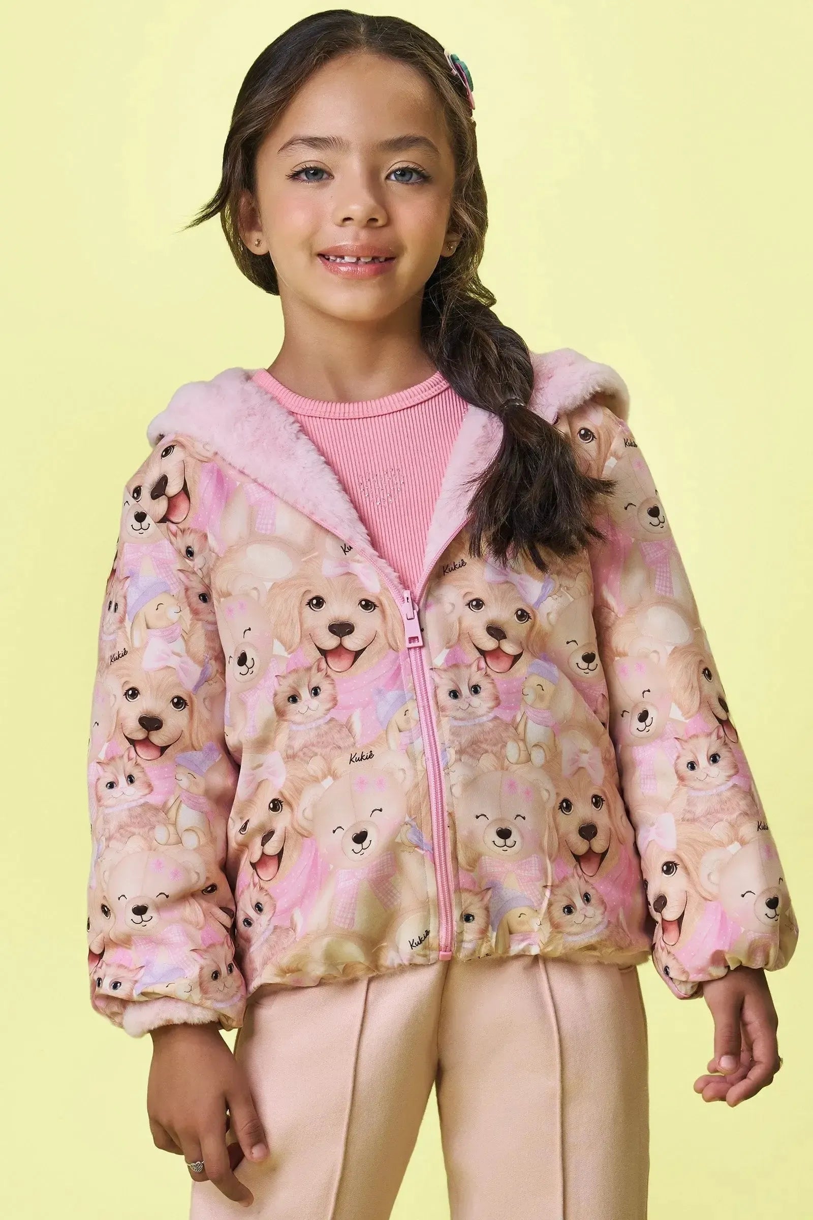 Jaqueta Dupla Face em Nylon Forrada com Pelo Carneirinho 89880 Kukiê Infantil Menina