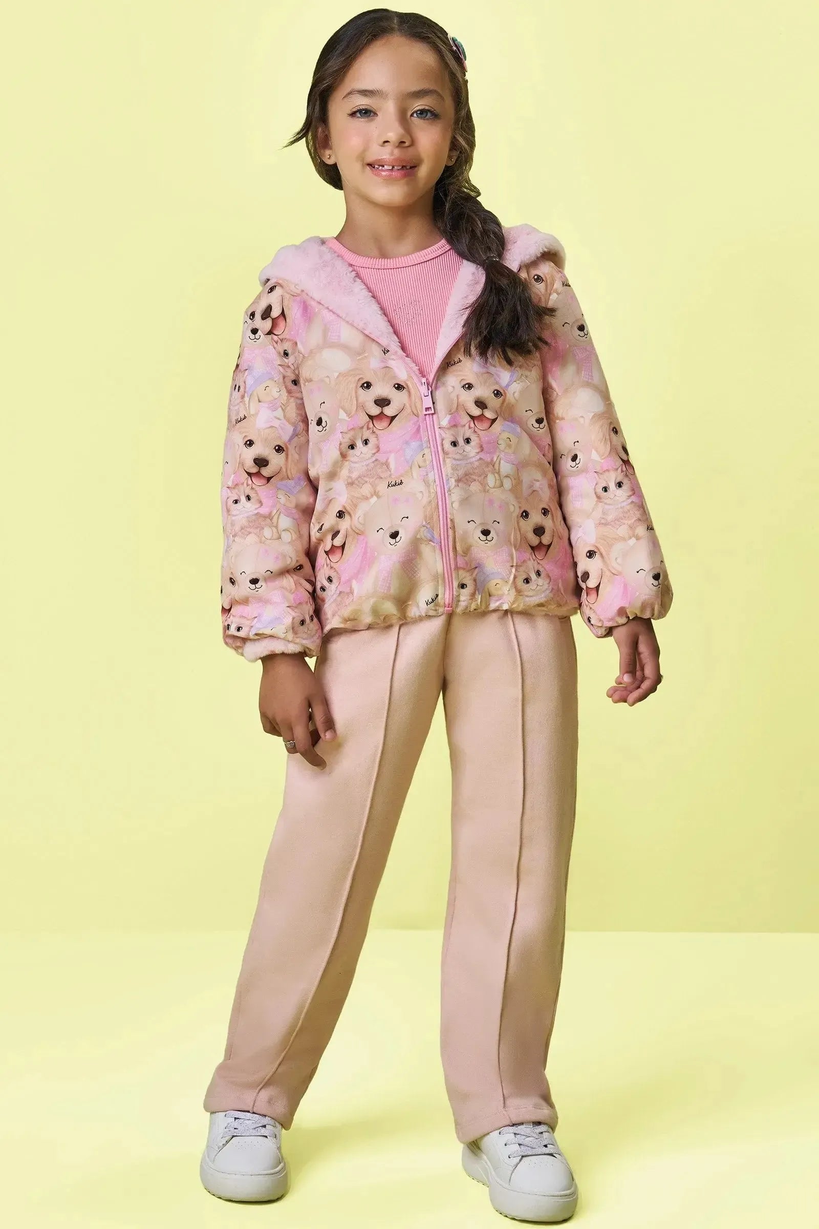 Jaqueta Dupla Face em Nylon Forrada com Pelo Carneirinho 89880 Kukiê Infantil Menina