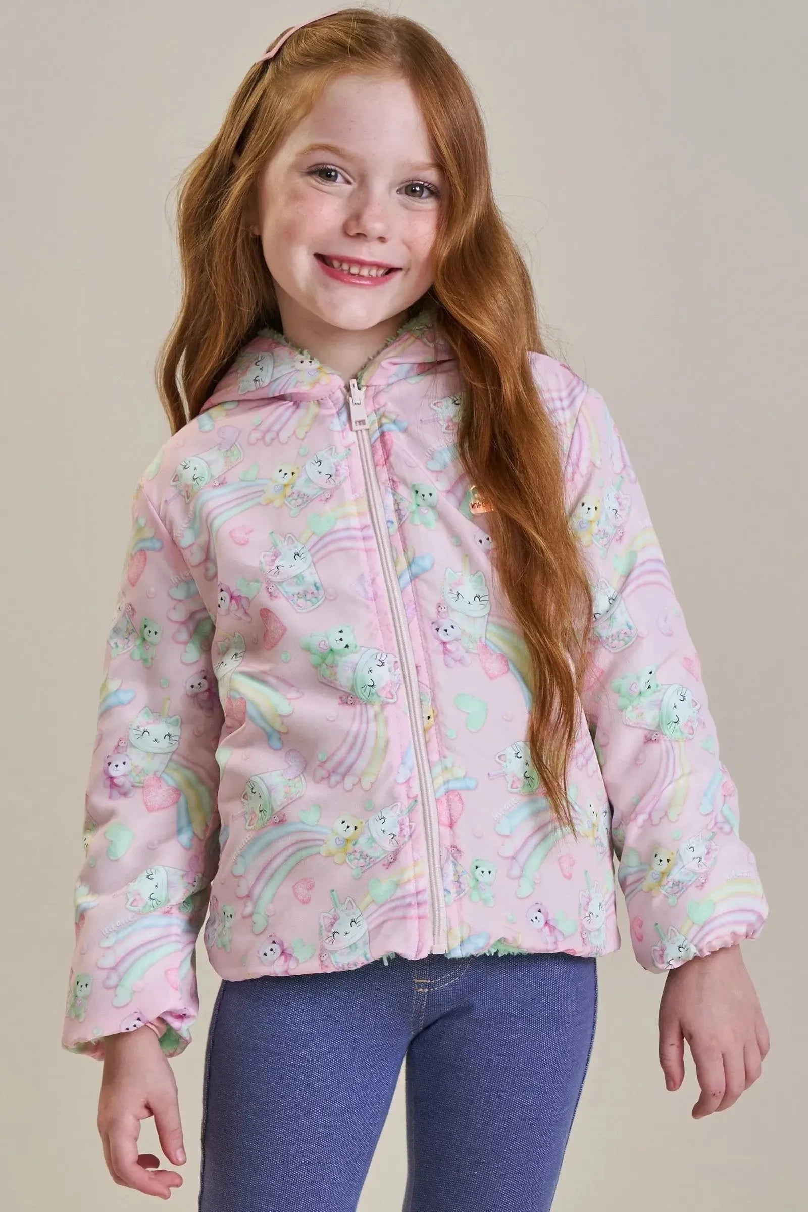 Jaqueta Reversível em Nylon e Pelo Carneirinho 92166 Infanti Infantil Menina