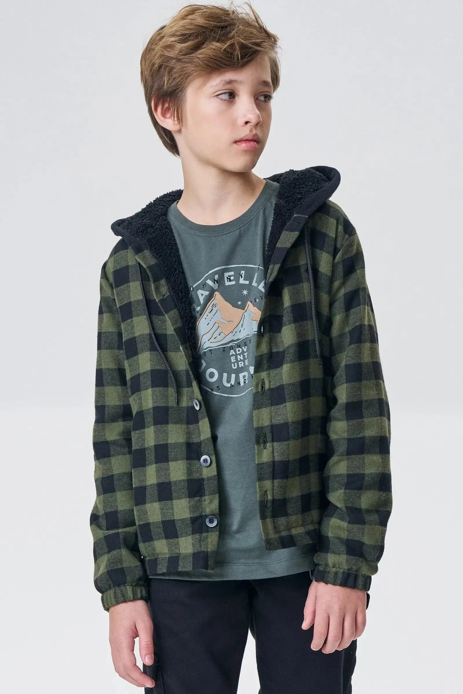 Overshirt em Flanela Xadrez Forro em Carneirinho e Capuz em Moletom com Pelúcia 90949 Johnny Fox Teen Menino