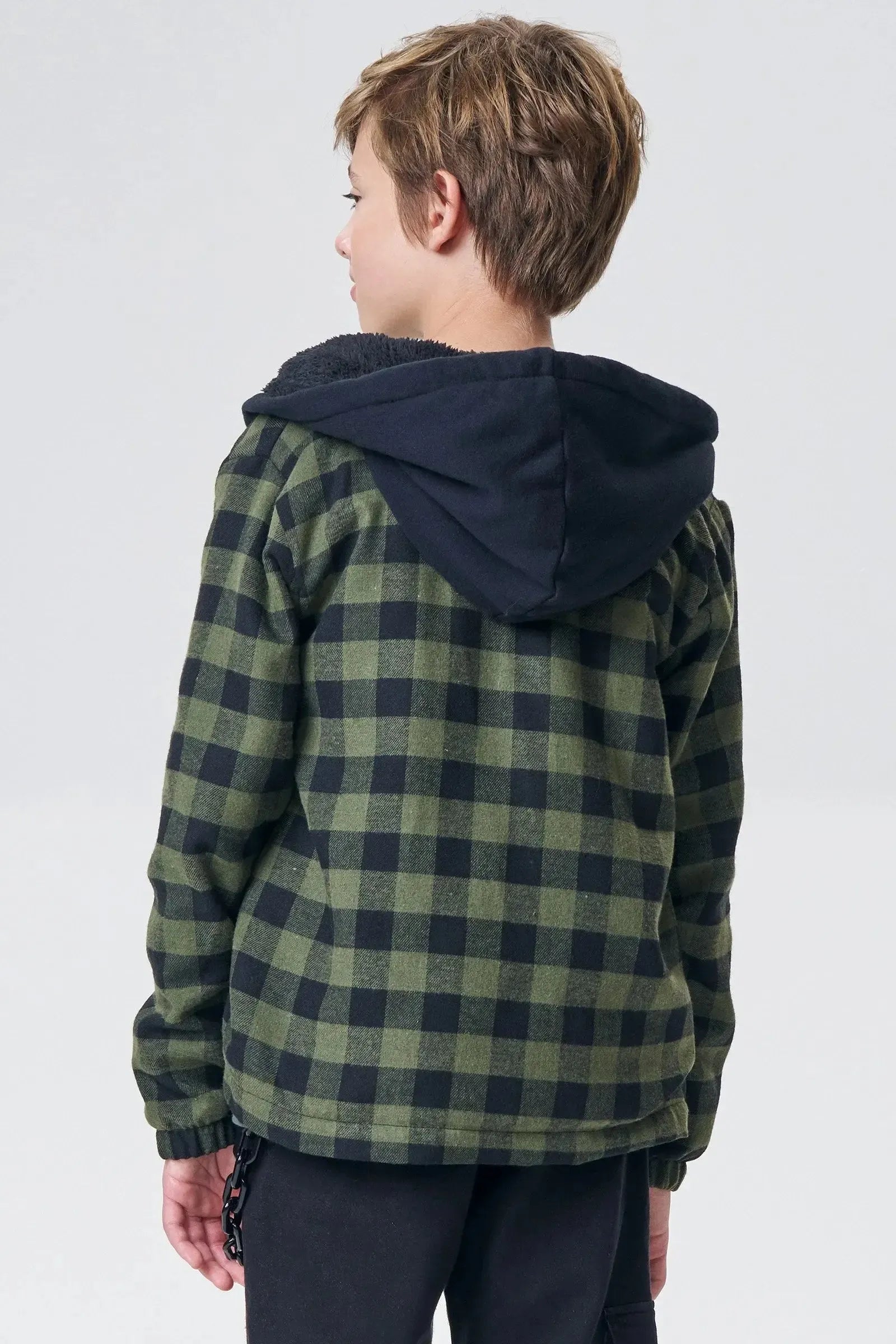 Overshirt em Flanela Xadrez Forro em Carneirinho e Capuz em Moletom com Pelúcia 90949 Johnny Fox Teen Menino