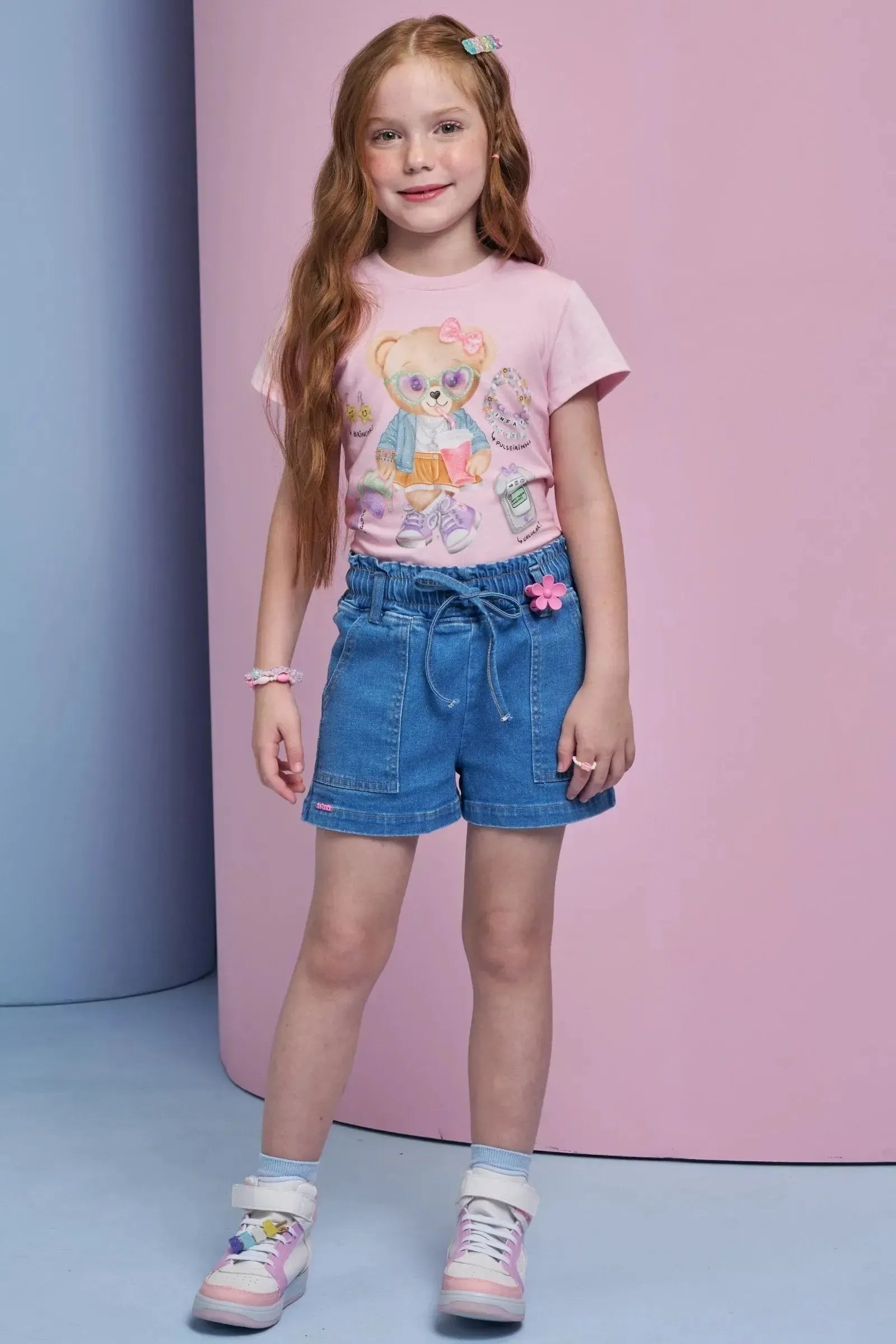 Shorts em Jeans com Elastano. Acompanha Presilha de Cabelo 95317 Infanti Infantil Menina