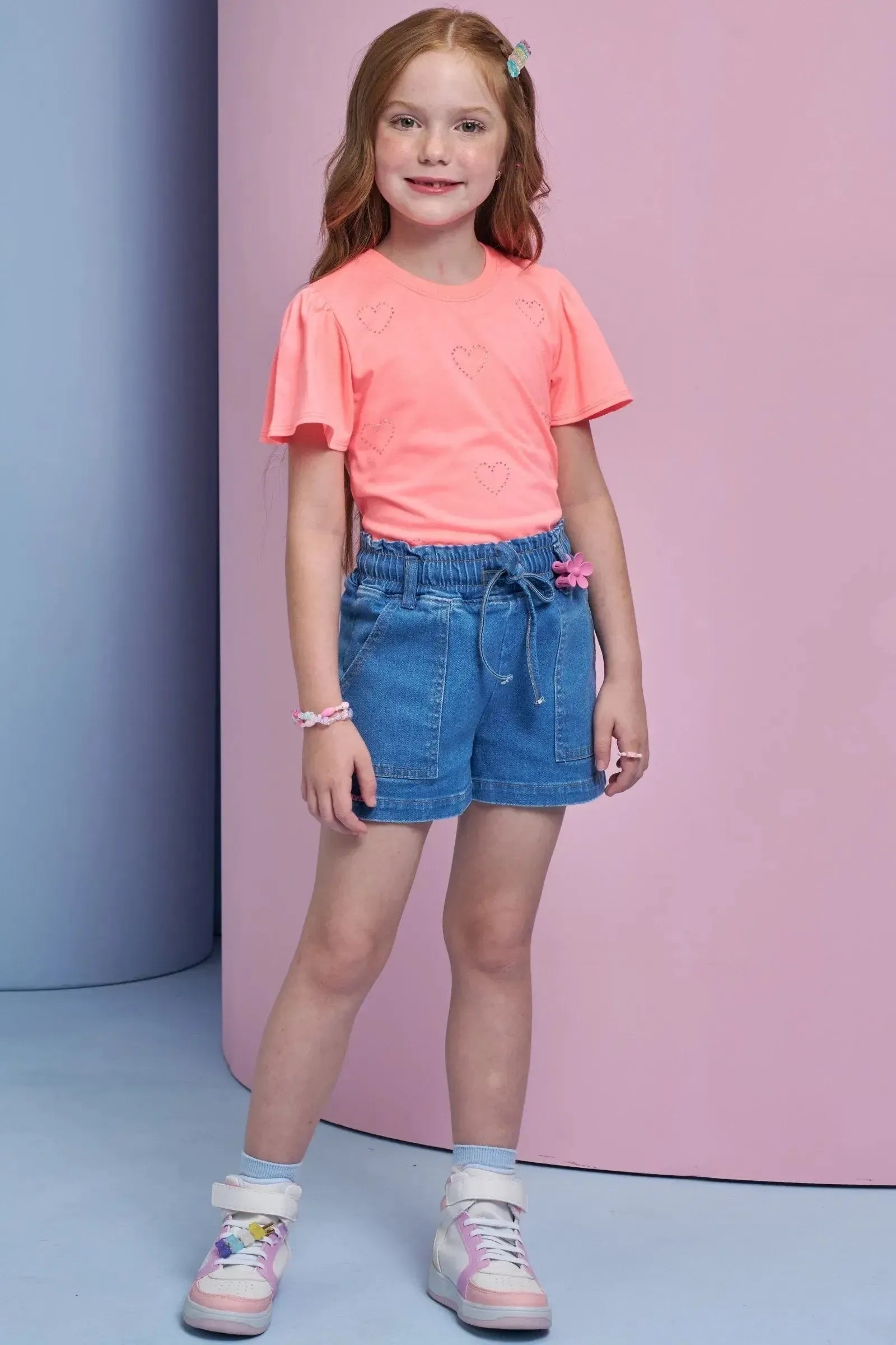 Shorts em Jeans com Elastano. Acompanha Presilha de Cabelo 95317 Infanti Infantil Menina