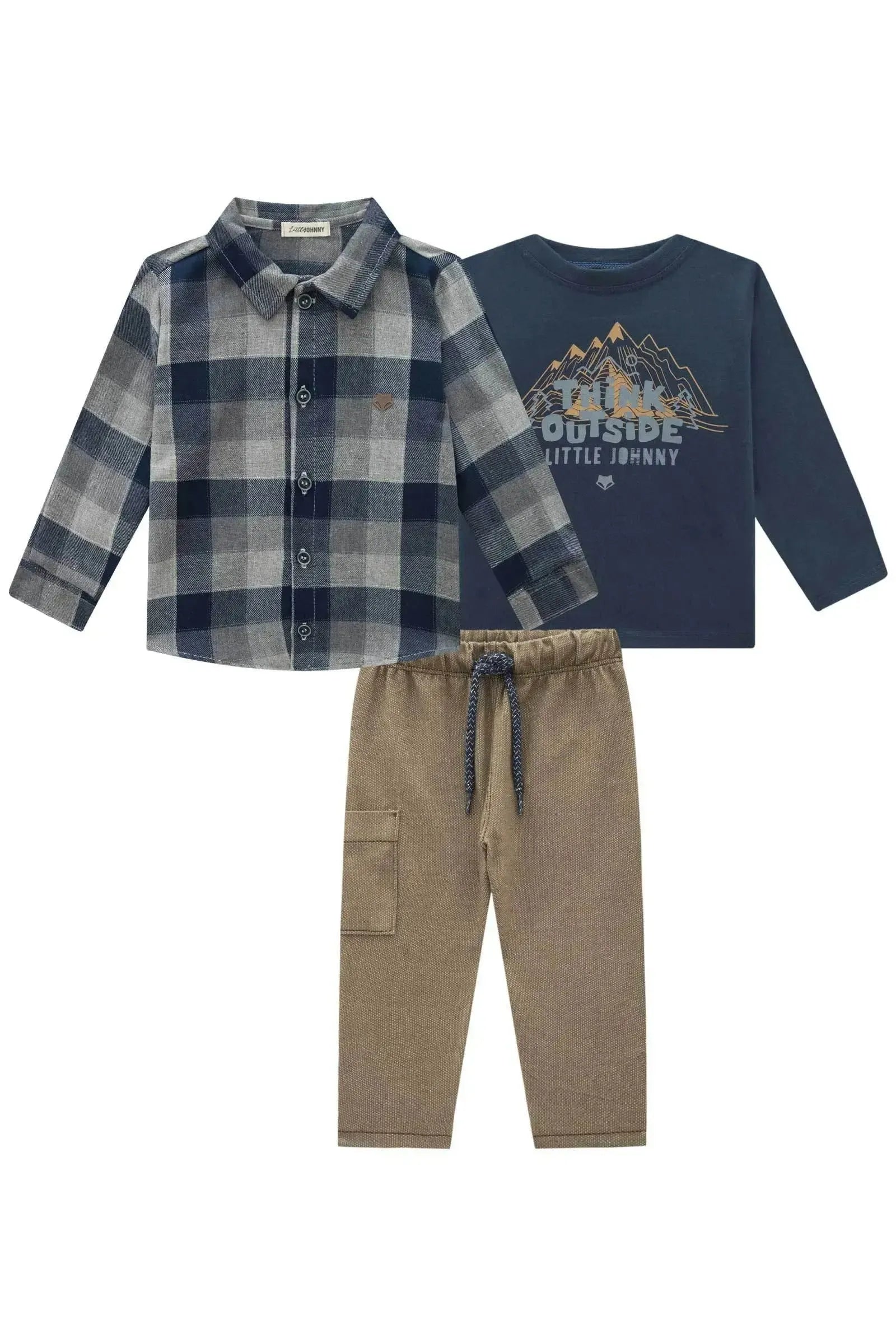 Trio Camisa em Flanela Xadrez Camiseta em Meia Malha e Calça Comfy Malha Denim com Elast. 90982 Johnny Fox Bebê Menino
