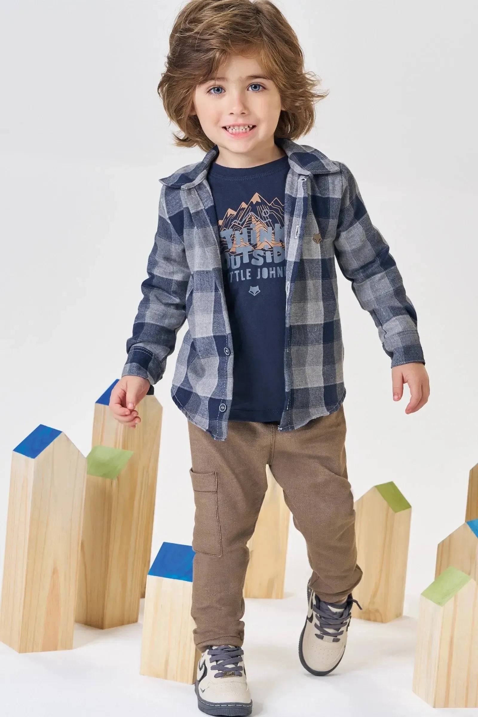 Trio Camisa em Flanela Xadrez Camiseta em Meia Malha e Calça Comfy Malha Denim com Elast. 90982 Johnny Fox Bebê Menino