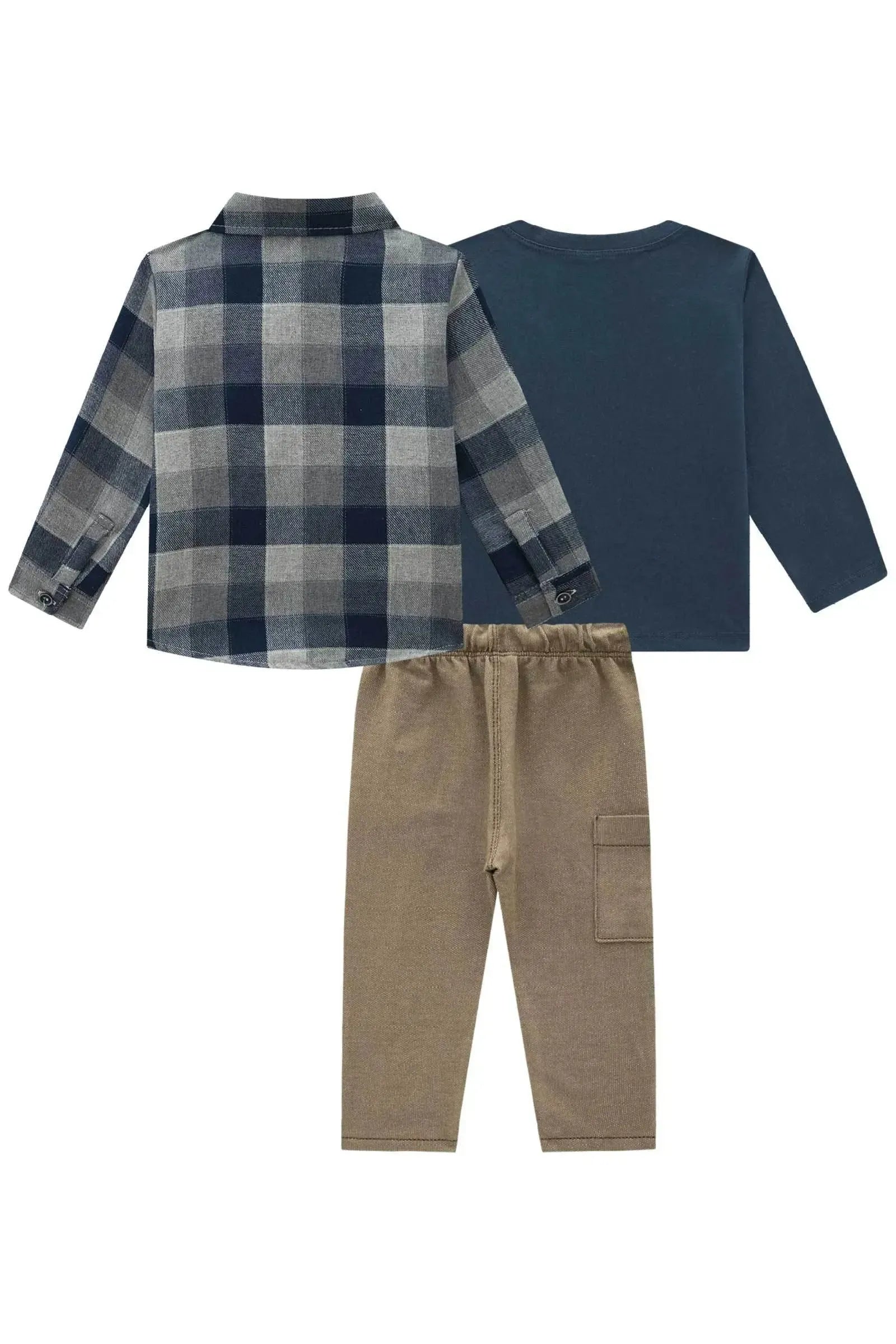 Trio Camisa em Flanela Xadrez Camiseta em Meia Malha e Calça Comfy Malha Denim com Elast. 90982 Johnny Fox Bebê Menino