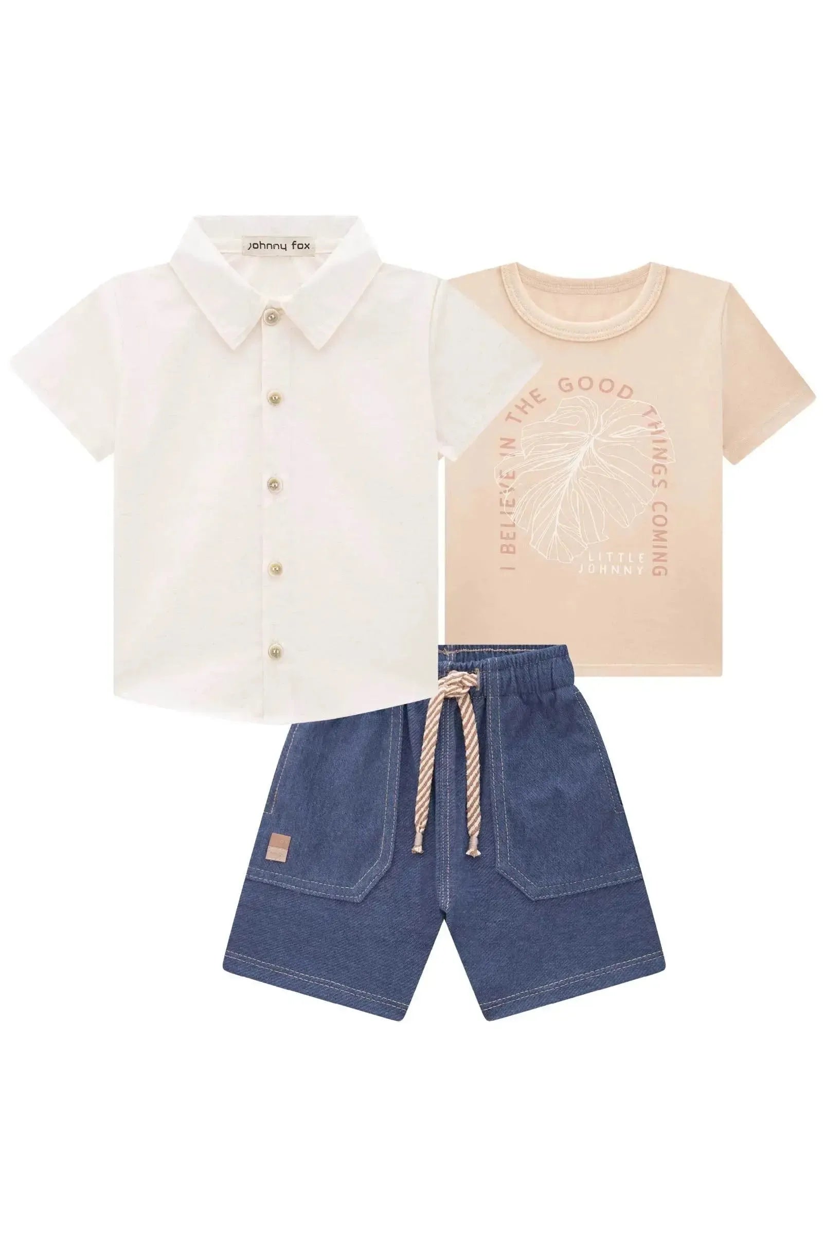 Trio Camisa em Linho Deluxe Camiseta em Meia Malha Bermuda em Cotton Jeans com Elastano 84949 Johnny Fox Bebê Menino
