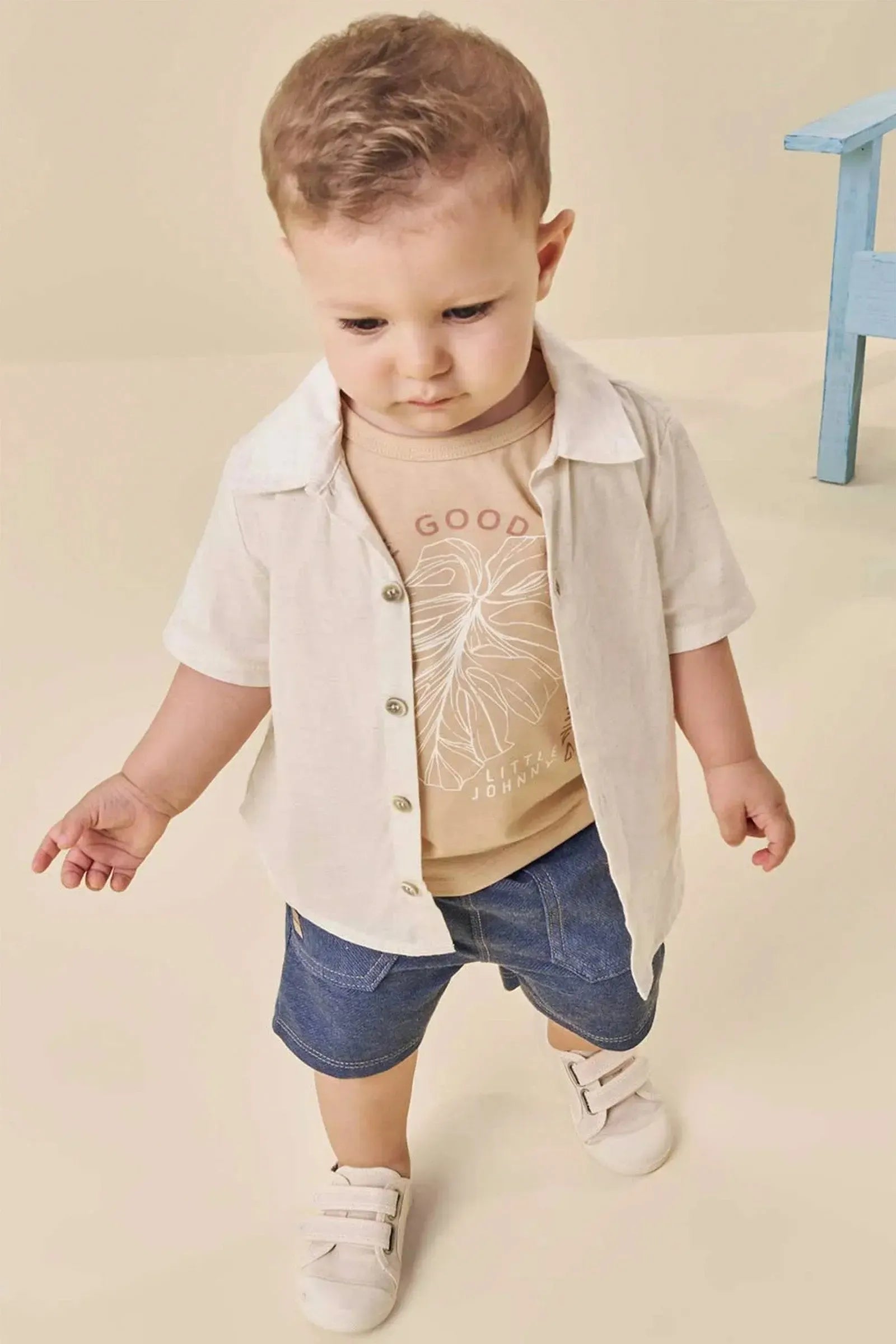 Trio Camisa em Linho Deluxe Camiseta em Meia Malha Bermuda em Cotton Jeans com Elastano 84949 Johnny Fox Bebê Menino