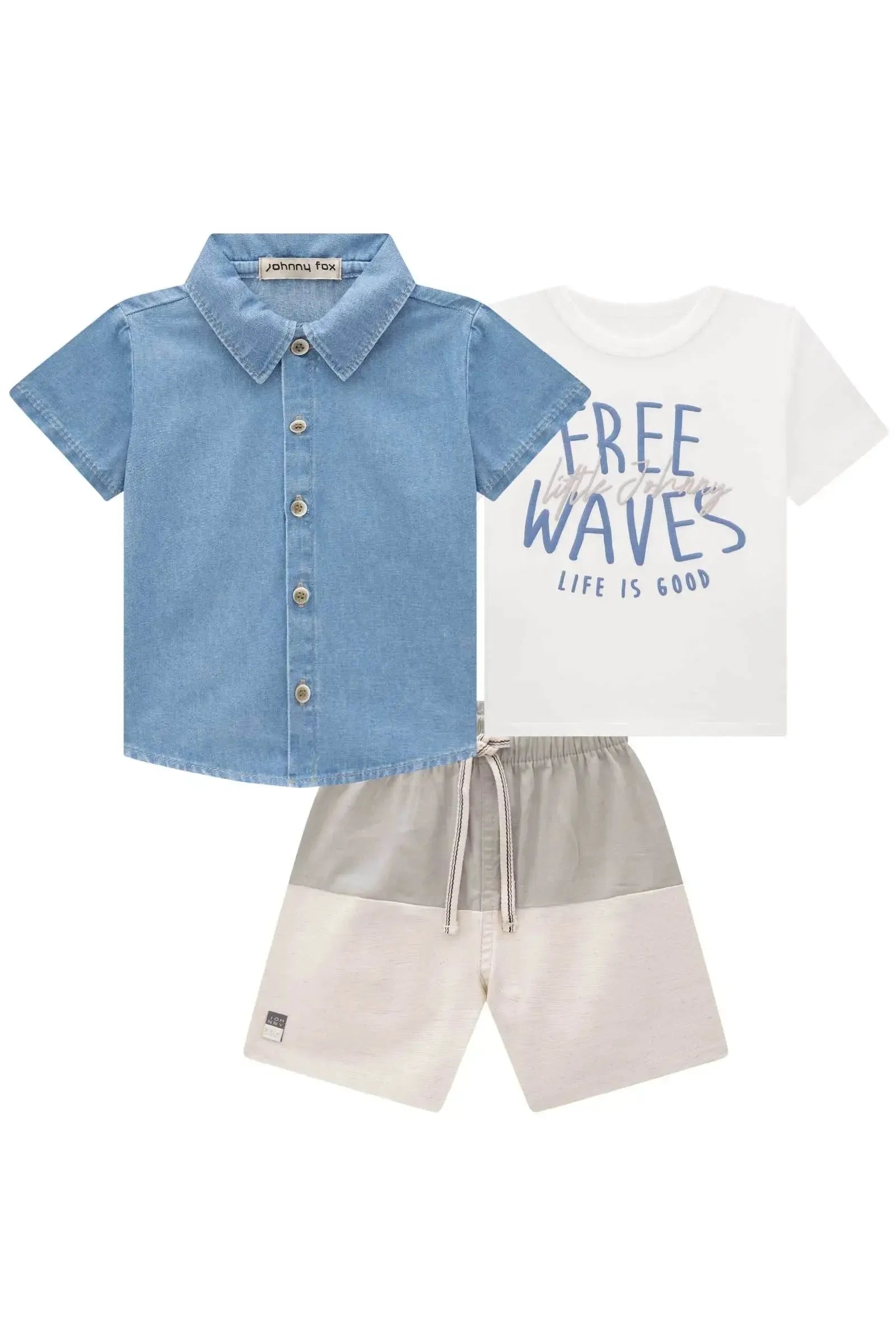 Trio Camiseta em Meia Malhabermuda em Linho Santorine e Camisa em Jeans Trek com Elastano 84948 Johnny Fox Bebê Menino