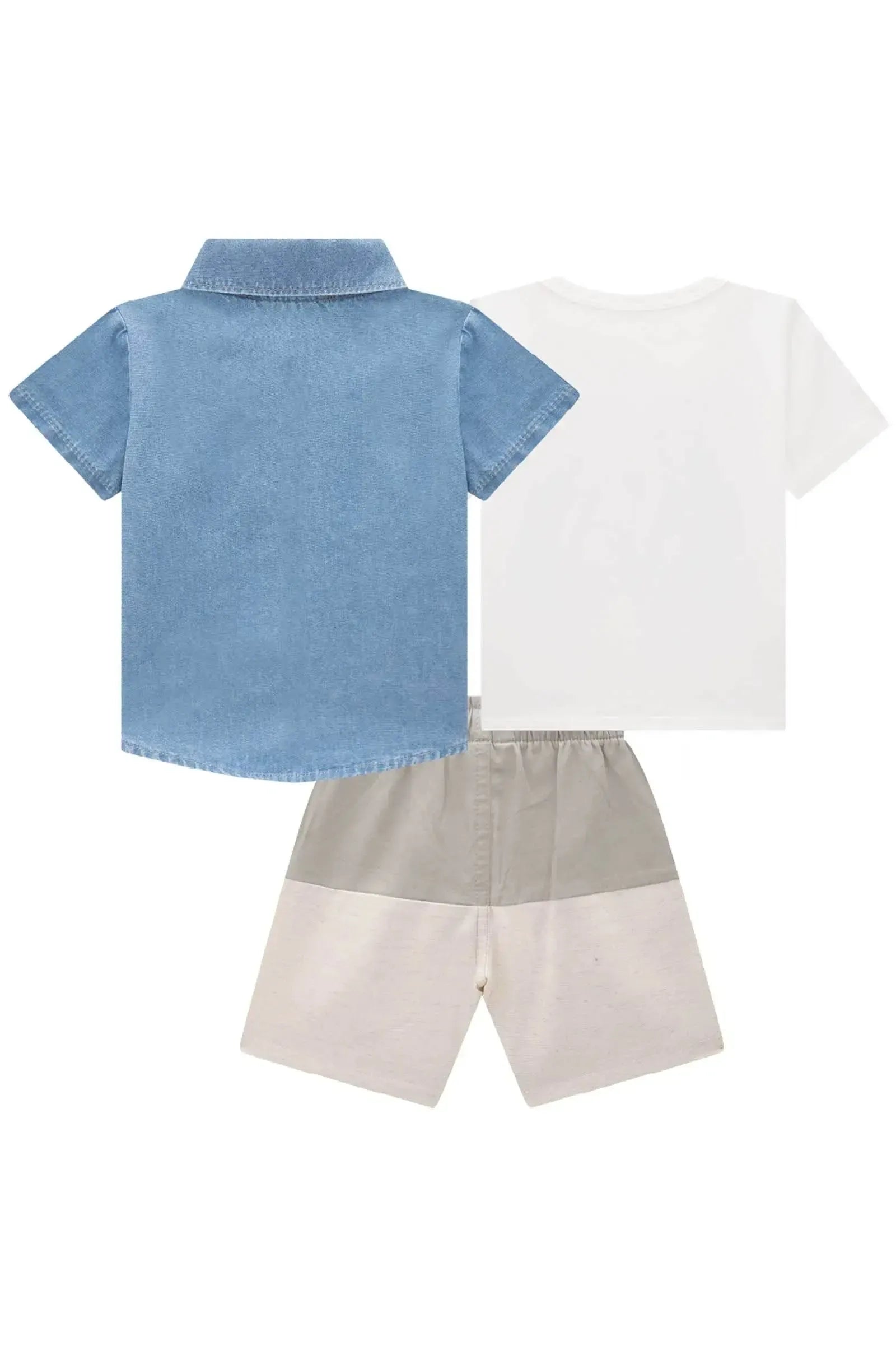 Trio Camiseta em Meia Malhabermuda em Linho Santorine e Camisa em Jeans Trek com Elastano 84948 Johnny Fox Bebê Menino