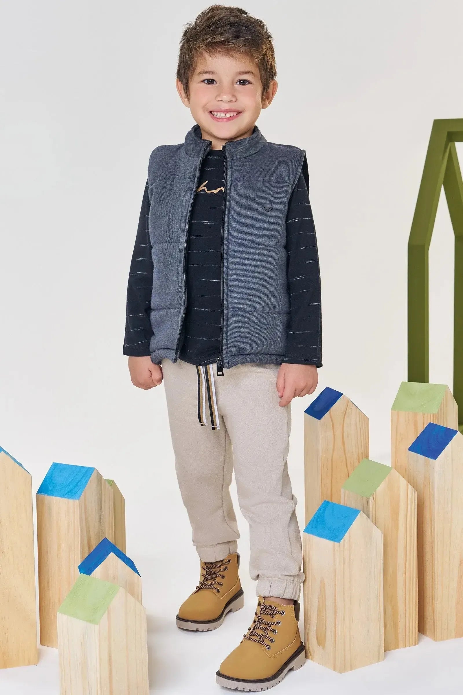 Trio Camiseta Malha Jet Colete em Flanela Melange e Calça Jogger em Moletom com Pelúcia 92704 Johnny Fox Bebê Menino