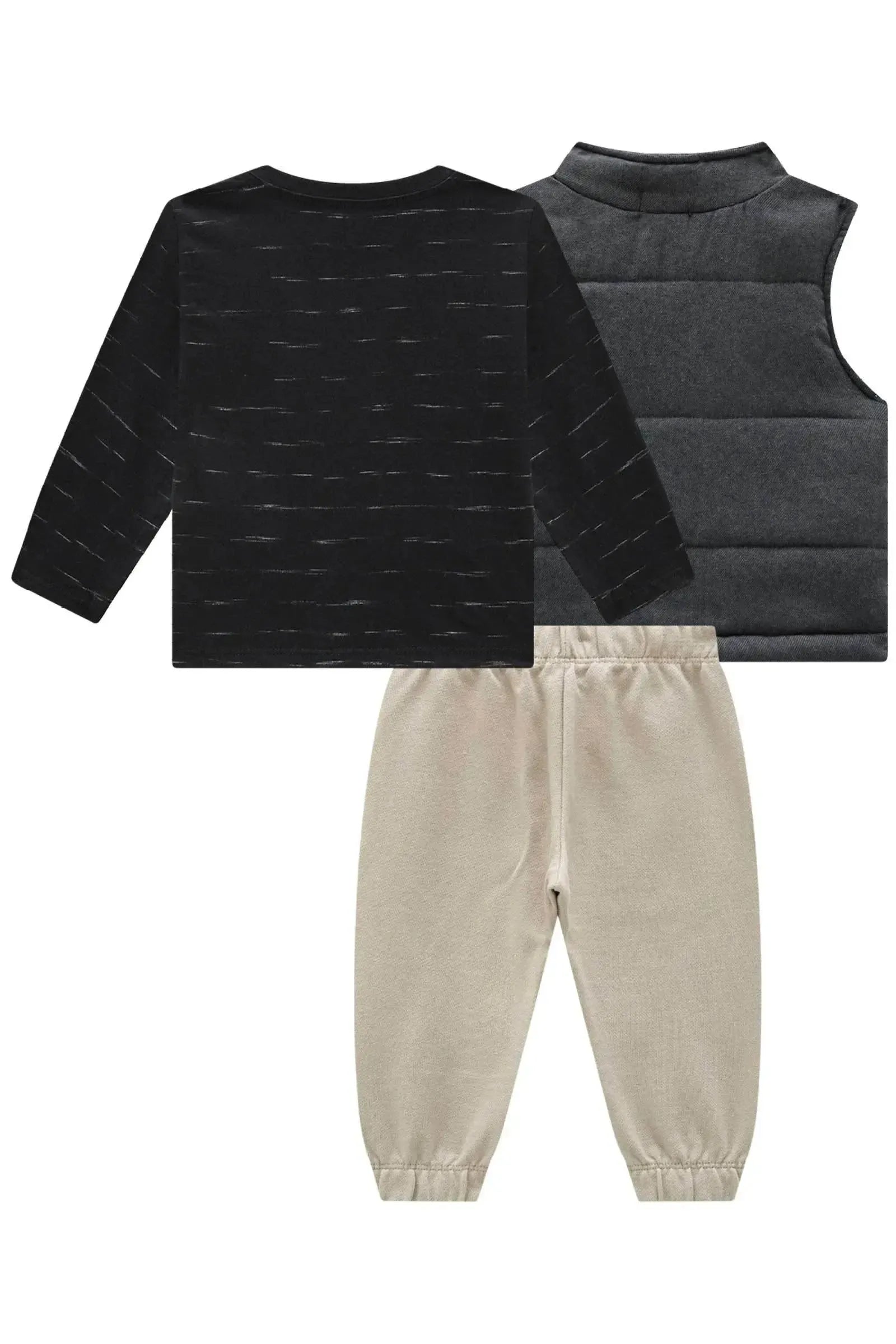Trio Camiseta Malha Jet Colete em Flanela Melange e Calça Jogger em Moletom com Pelúcia 92704 Johnny Fox Bebê Menino