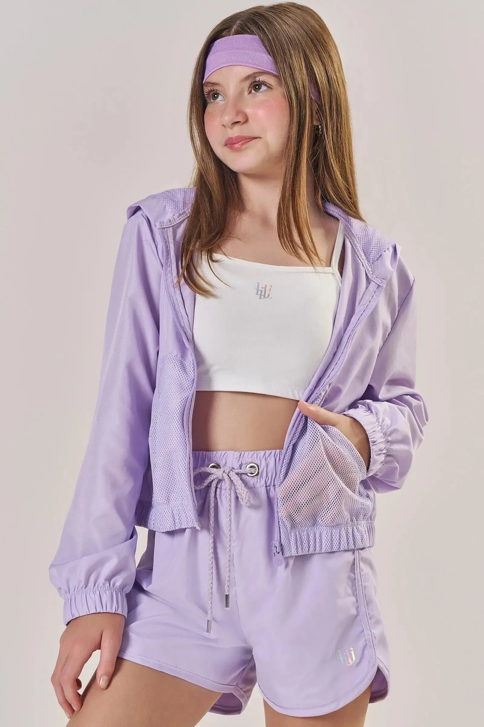 Trio com Jaqueta Boxy e Shorts em Nylon Aspen e Top em Malha UV Dry 50+ 85334 Lilimoon Teen Menina