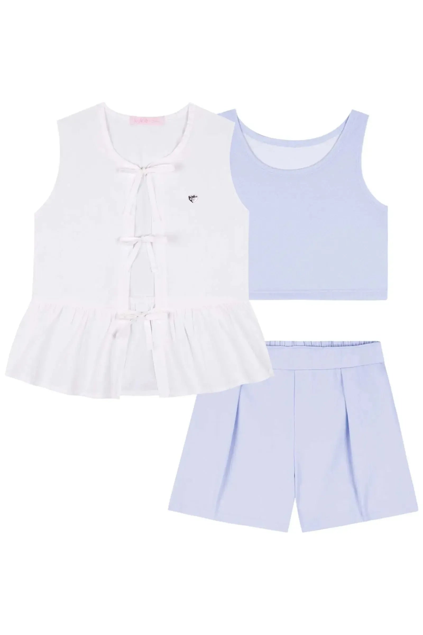 Trio de Bata em Tricoline 100% Algodão Top em Cotton e Shorts em Sarja com Elastano 83201 Kukiê Infantil Menina