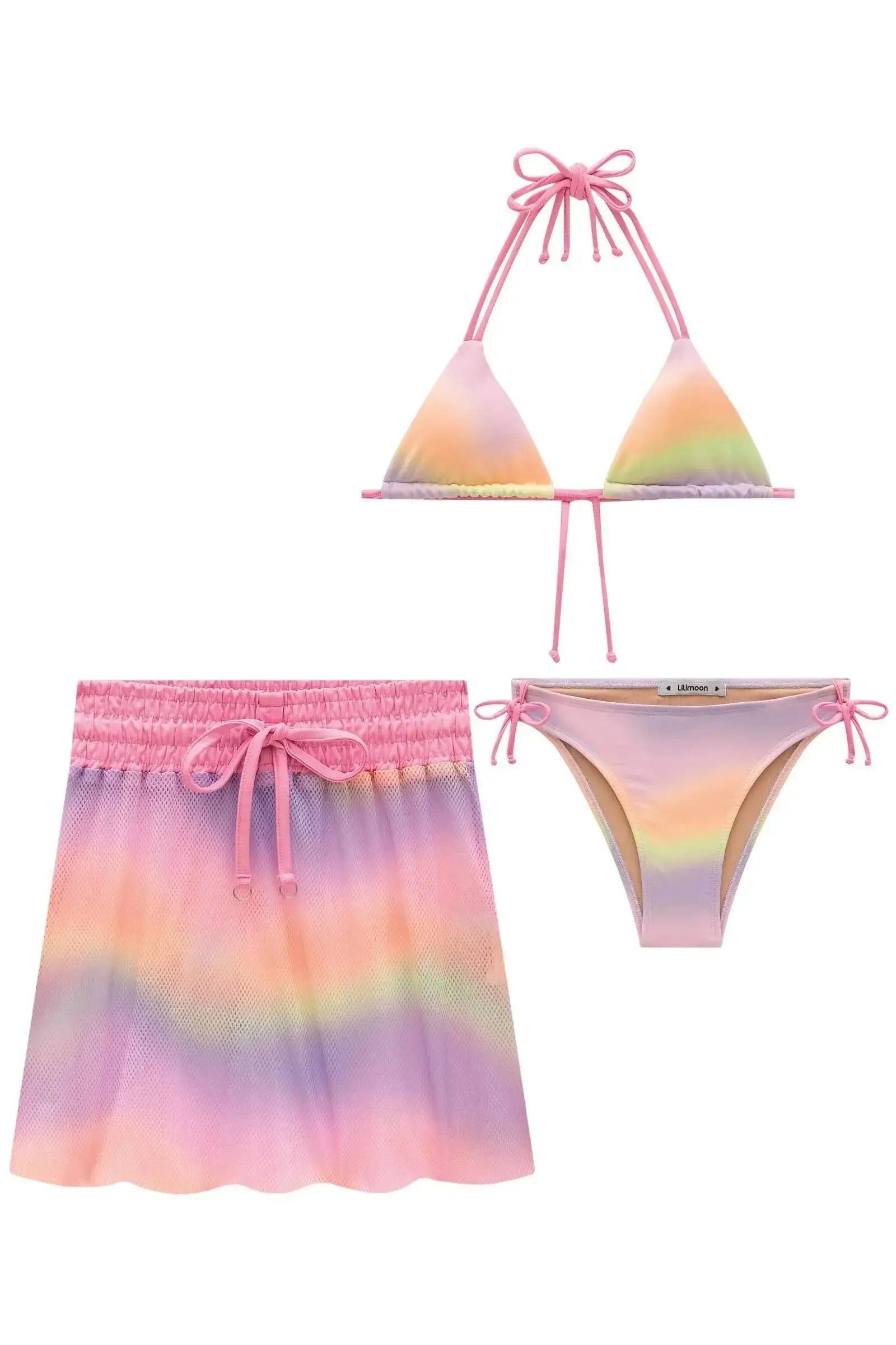 Trio de Biquíni com Top e Calcinha em Malha UV Dry 50+ e Saia em Tela Fashion Sublimada 85002 Lilimoon Teen Menina